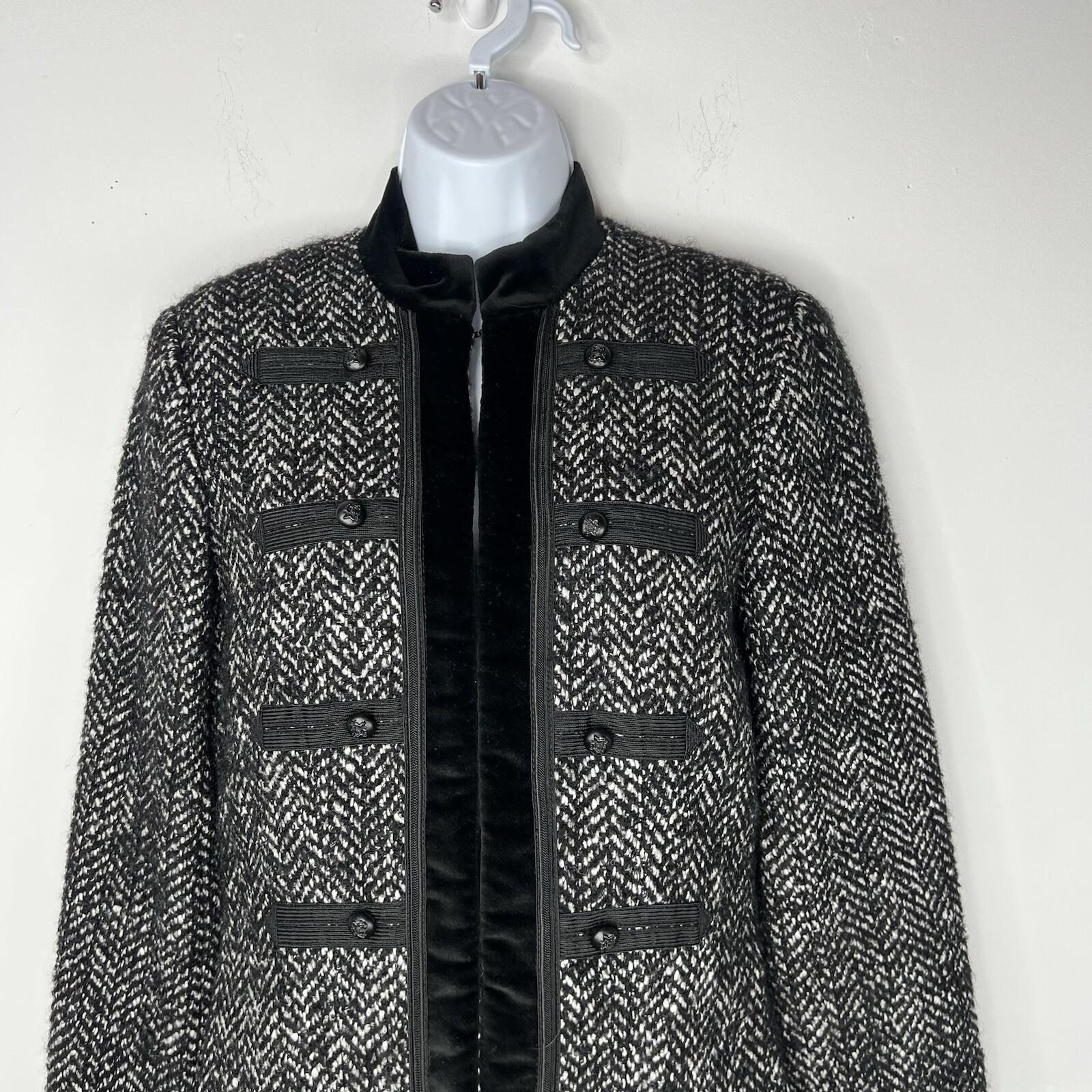 Anna Sui Wool Velour Hem Blazer Size 6 Stand Up Collar Black White Quiet Luxury