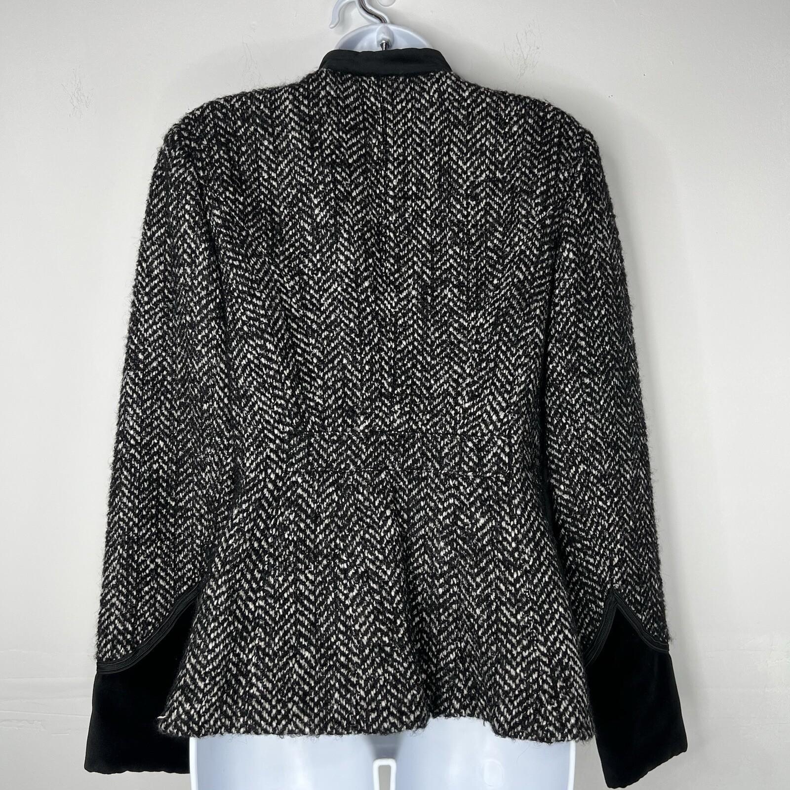 Anna Sui Wool Velour Hem Blazer Size 6 Stand Up Collar Black White Quiet Luxury