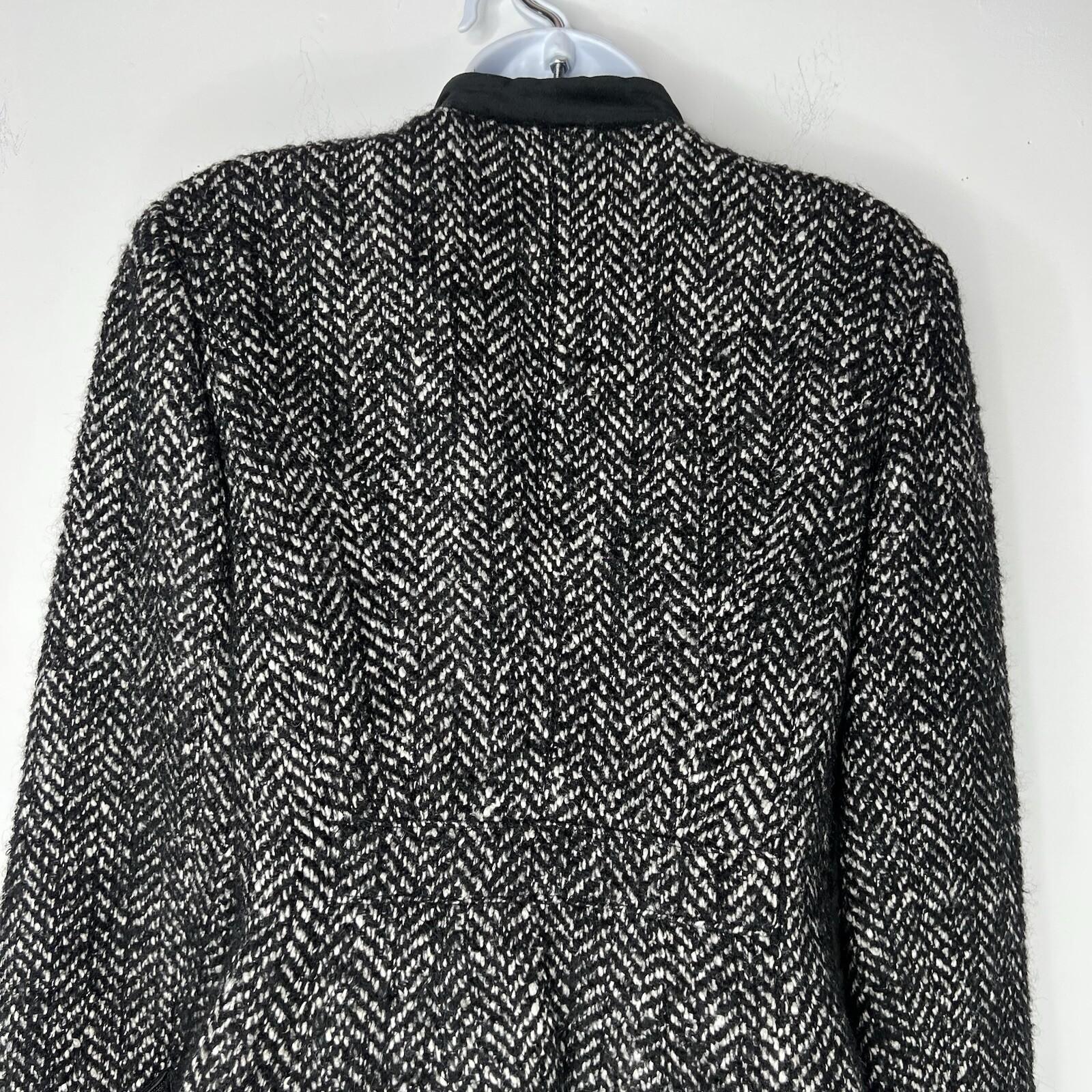 Anna Sui Wool Velour Hem Blazer Size 6 Stand Up Collar Black White Quiet Luxury