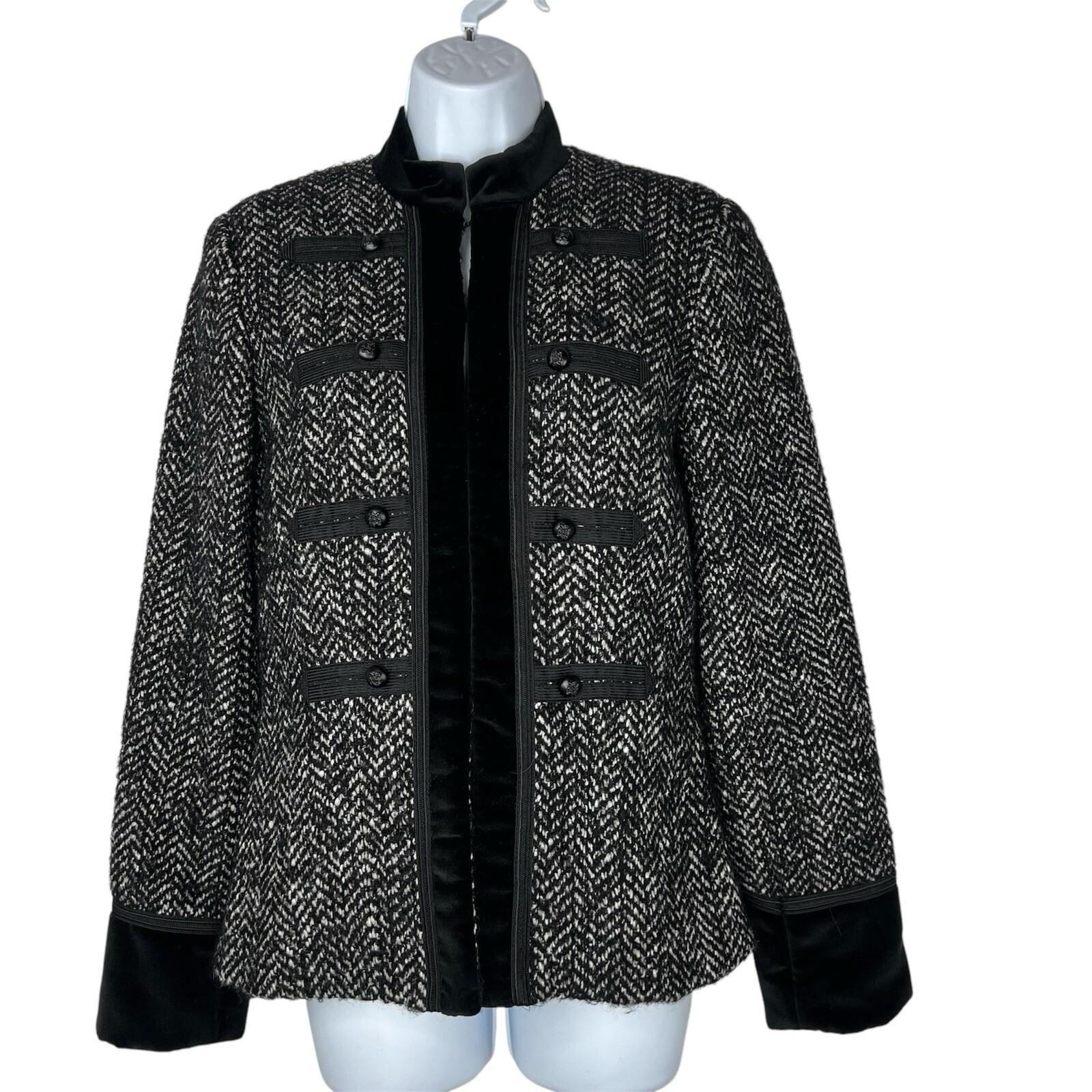 Anna Sui Wool Velour Hem Blazer Size 6 Stand Up Collar Black White Quiet Luxury