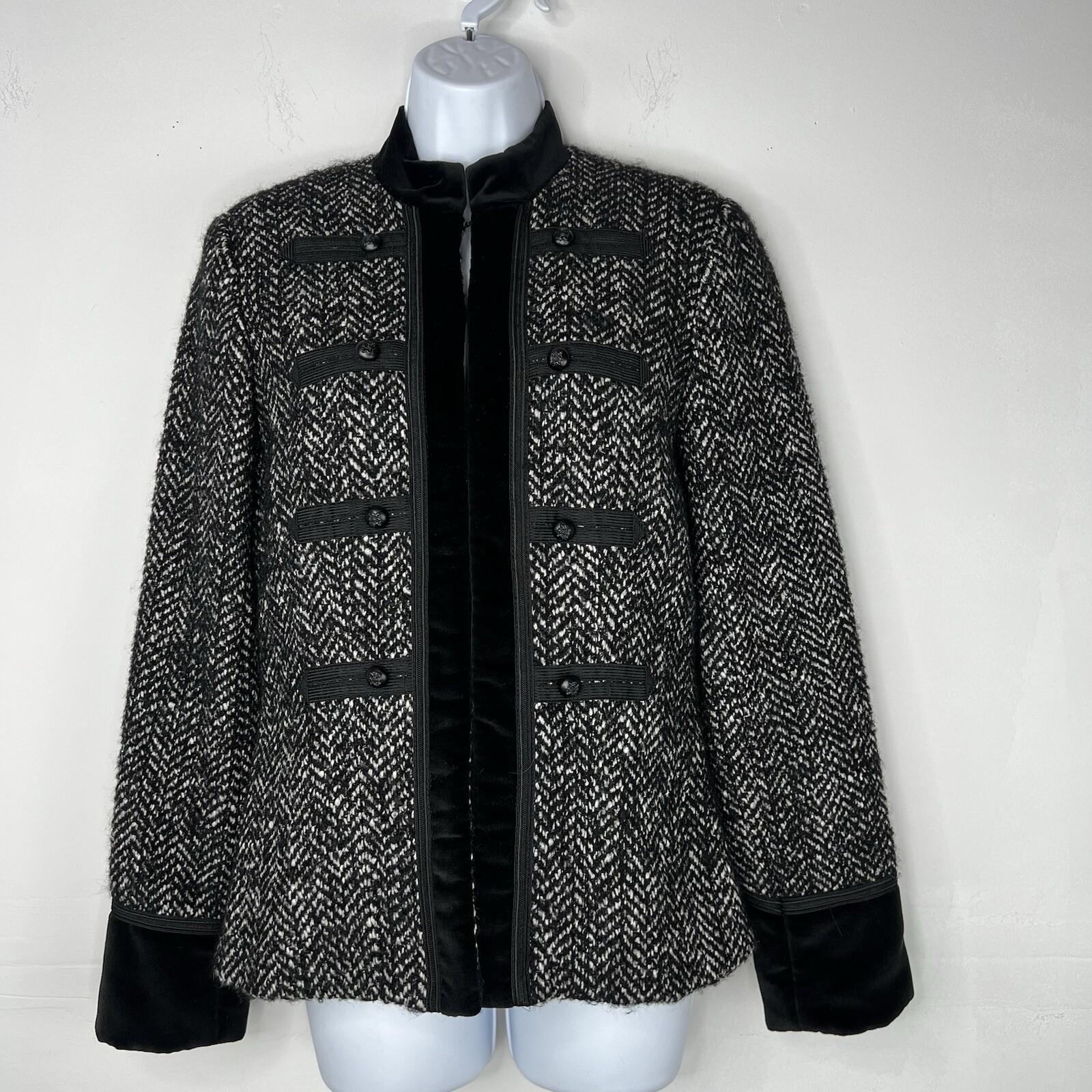 Anna Sui Wool Velour Hem Blazer Size 6 Stand Up Collar Black White Quiet Luxury