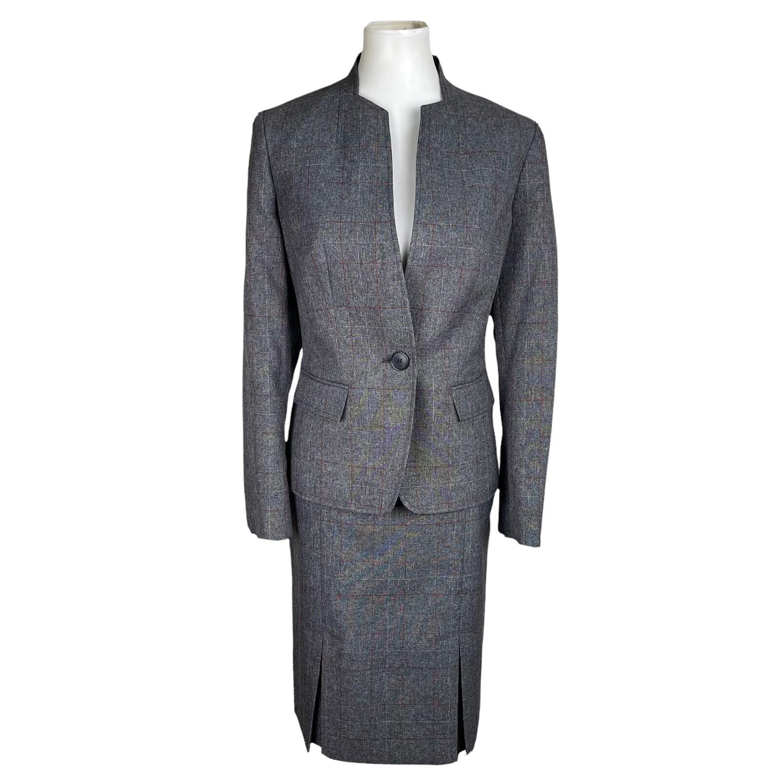EVAN PICONE BLACK LABEL Gray Striped Polyester Pleated Lined Skirt Suit Size 8