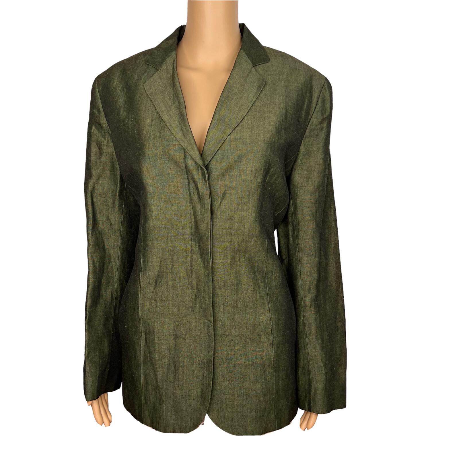10-2019.jpg JONES WEAR 1PC Green Linen Rayon Lined Notch Collar Career Blazer Size 14