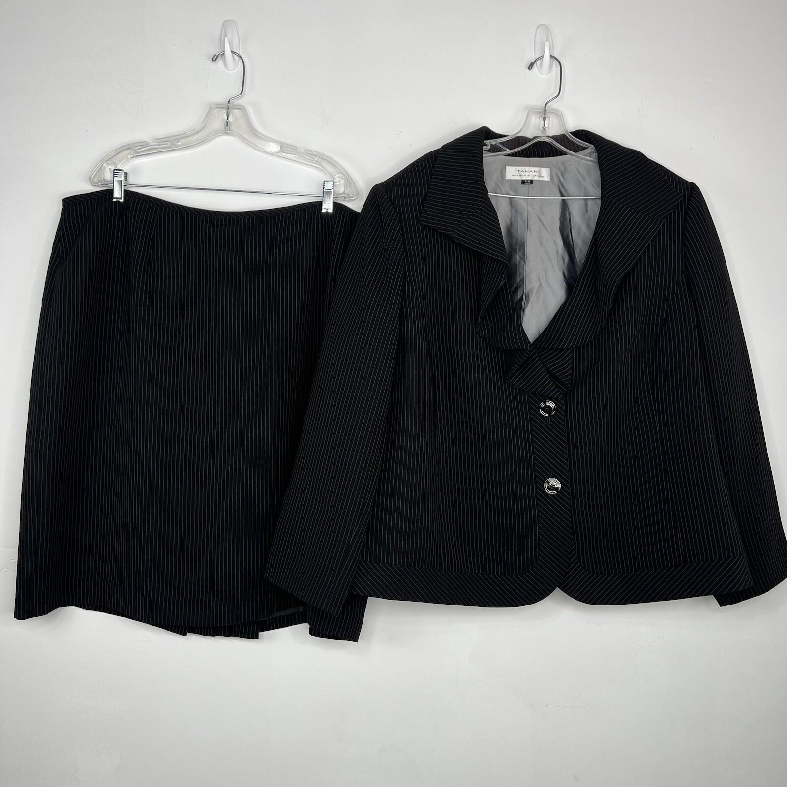Tahari ASL Polyester Rayon Skirt Suit Size 22W Black Striped Ruffle Collar 2PC