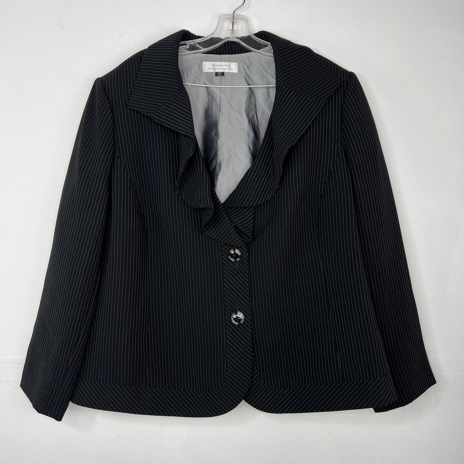 Tahari ASL Polyester Rayon Skirt Suit Size 22W Black Striped Ruffle Collar 2PC