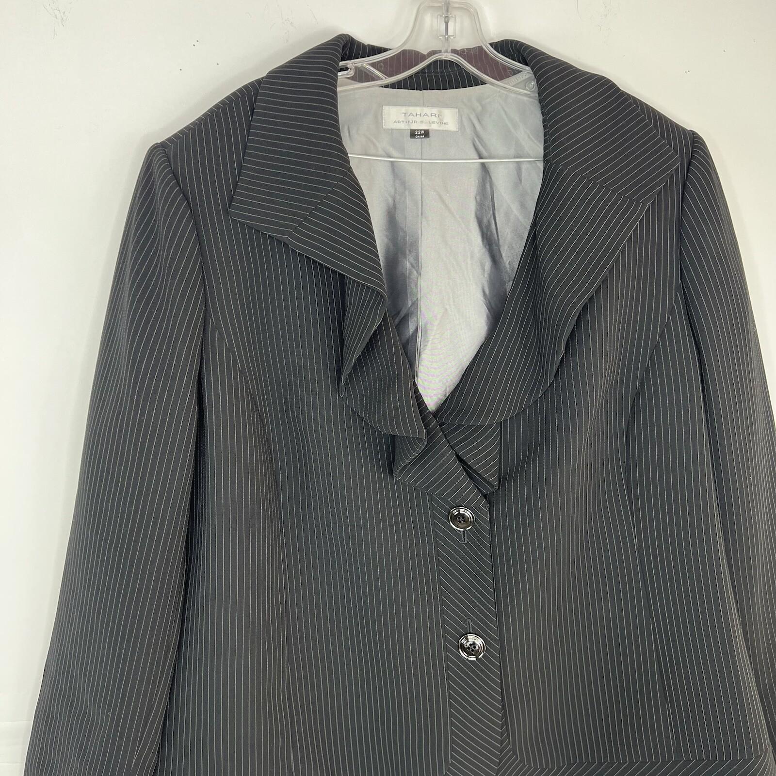 Tahari ASL Polyester Rayon Skirt Suit Size 22W Black Striped Ruffle Collar 2PC