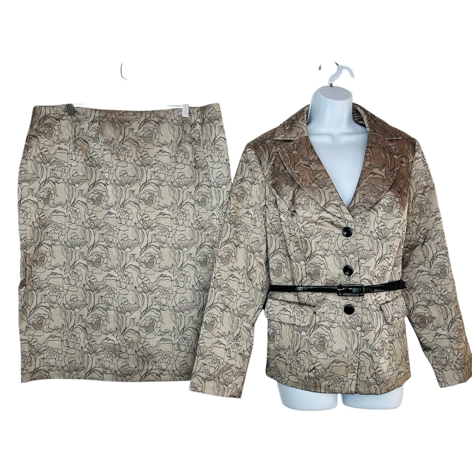 Sharagano Polyester Metallic Skirt Suit Size 16W Gray Floral Belted Cocktail 2PC
