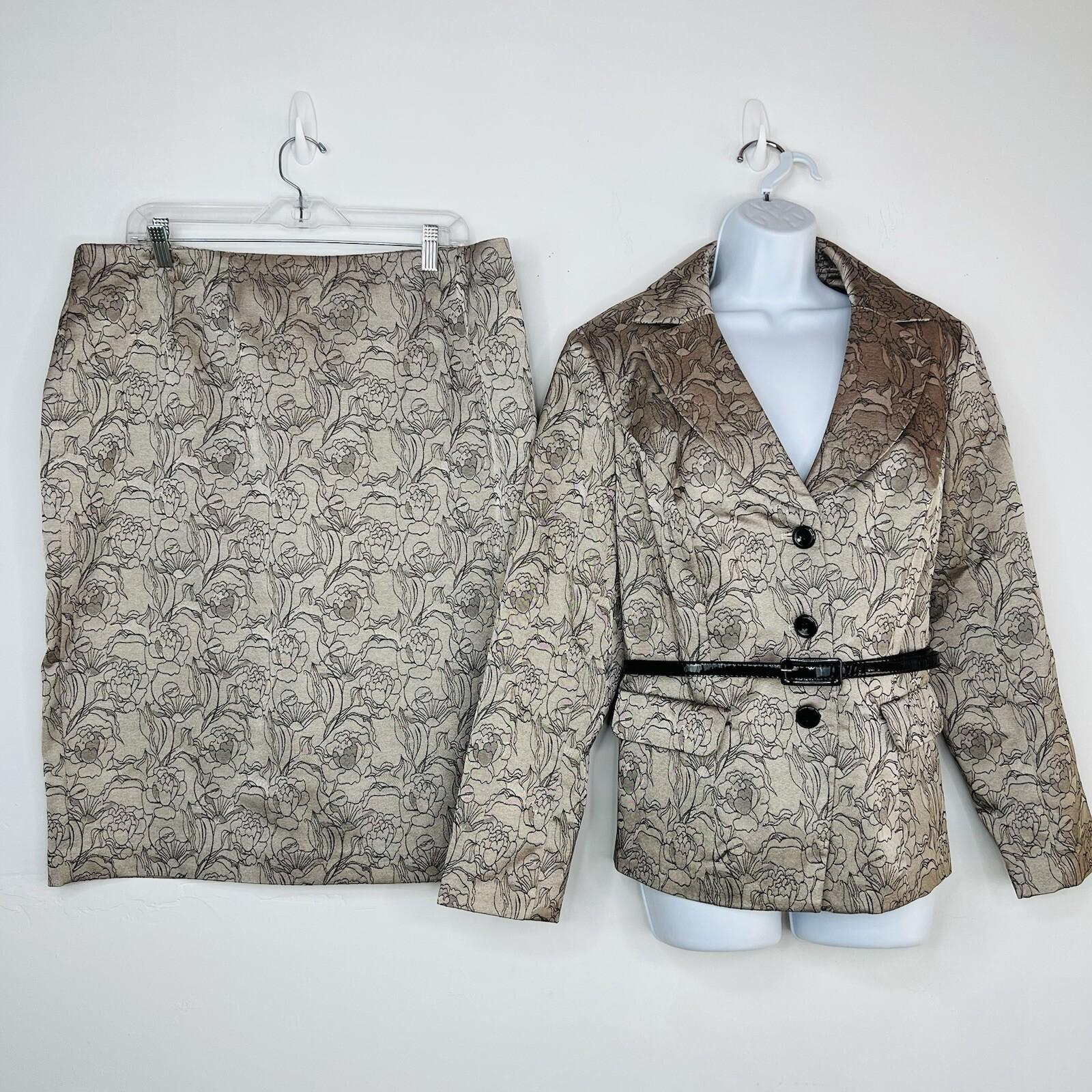 Sharagano Polyester Metallic Skirt Suit Size 16W Gray Floral Belted Cocktail 2PC