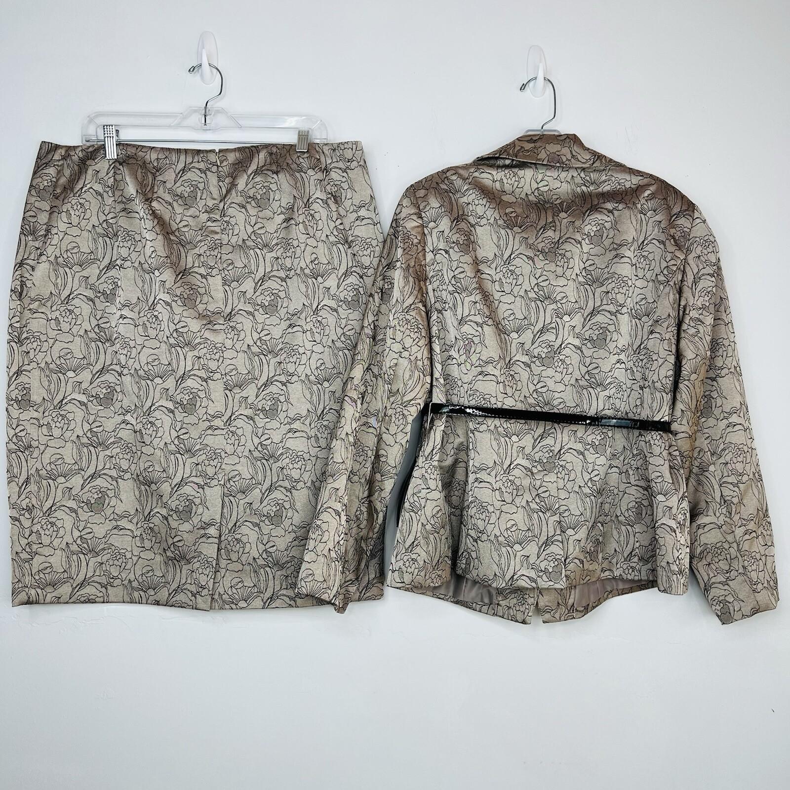 Sharagano Polyester Metallic Skirt Suit Size 16W Gray Floral Belted Cocktail 2PC