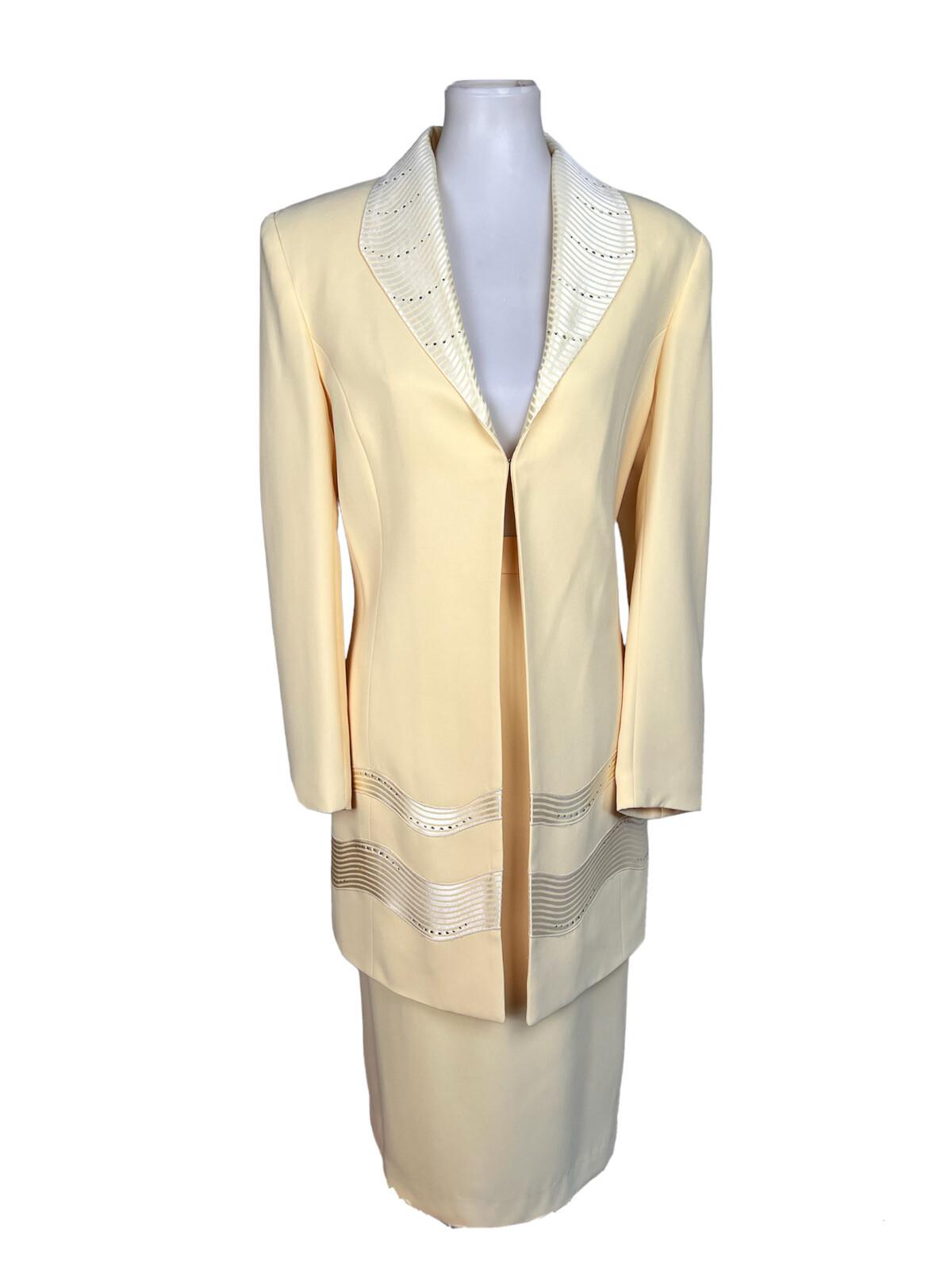 10-2115.jpg TANGO NITES Women 2PC Yellow Beaded Polyester Acetate Skirt Suit Size 12