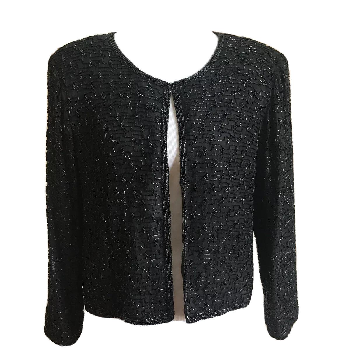 10-2134.jpg STENAY Women Silk Black Beaded Evening Cardigan Size L