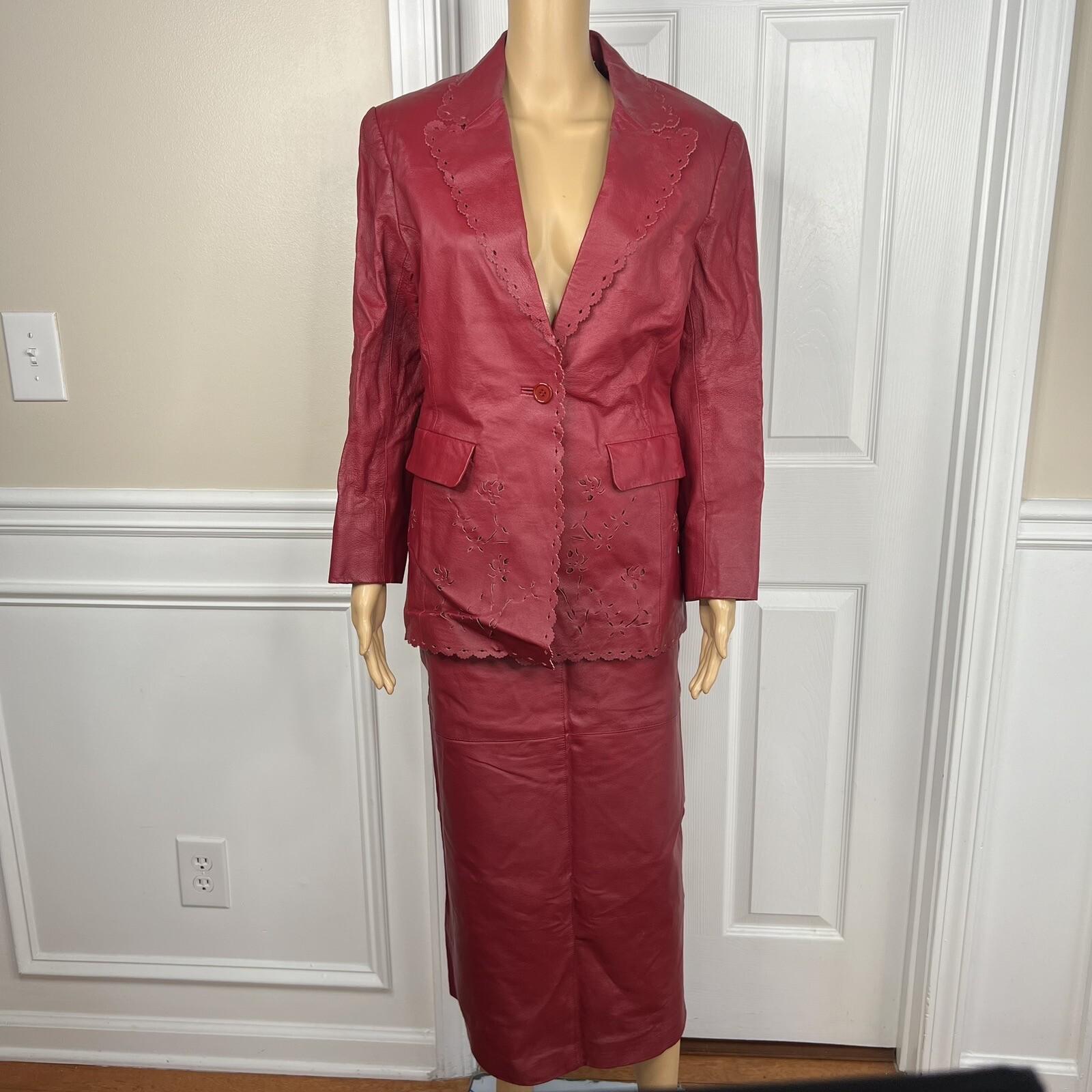 Styleworks Leather Skirt 10 Suit 8 Red Vintage Lined Single Breasted Women 2 pc