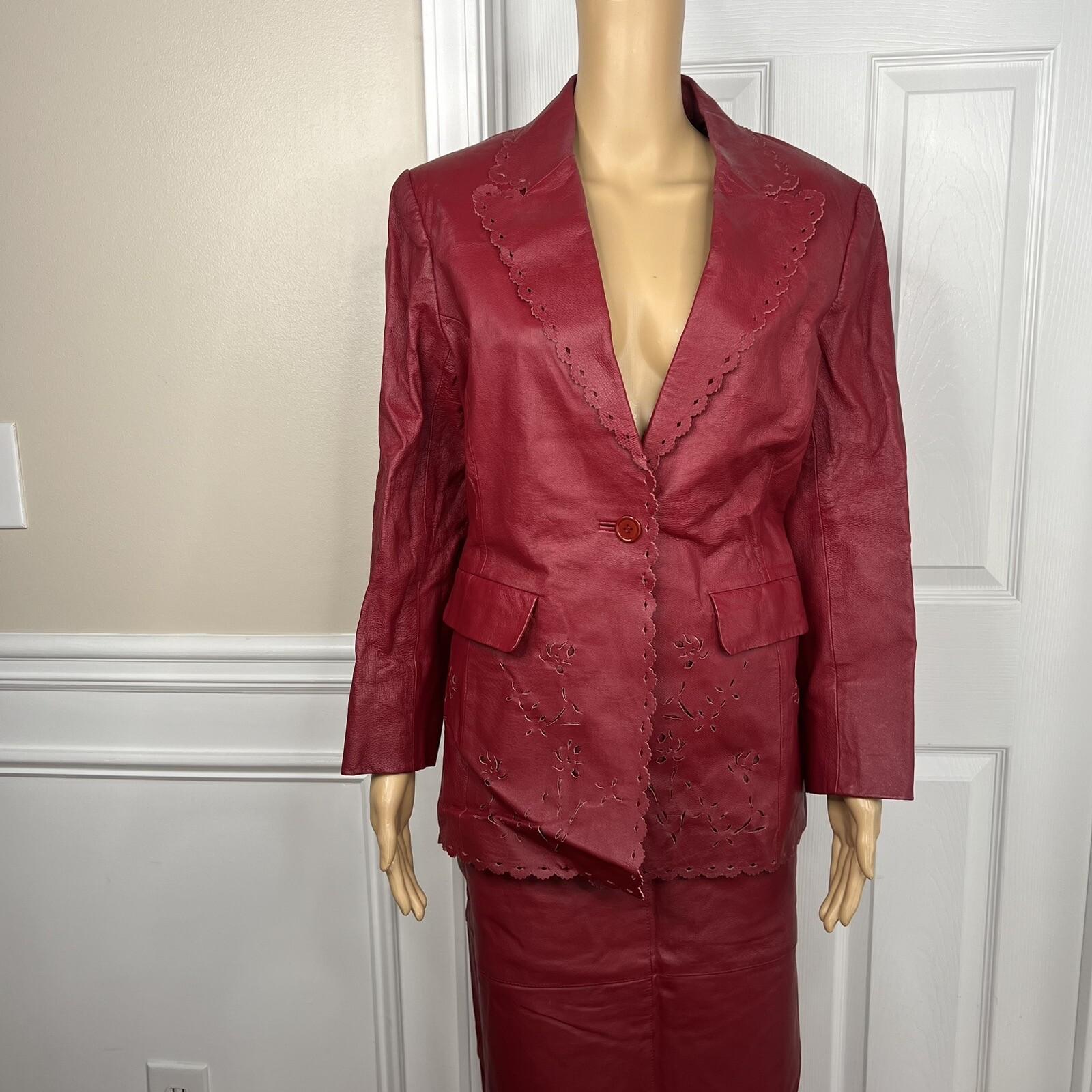 Styleworks Leather Skirt 10 Suit 8 Red Vintage Lined Single Breasted Women 2 pc