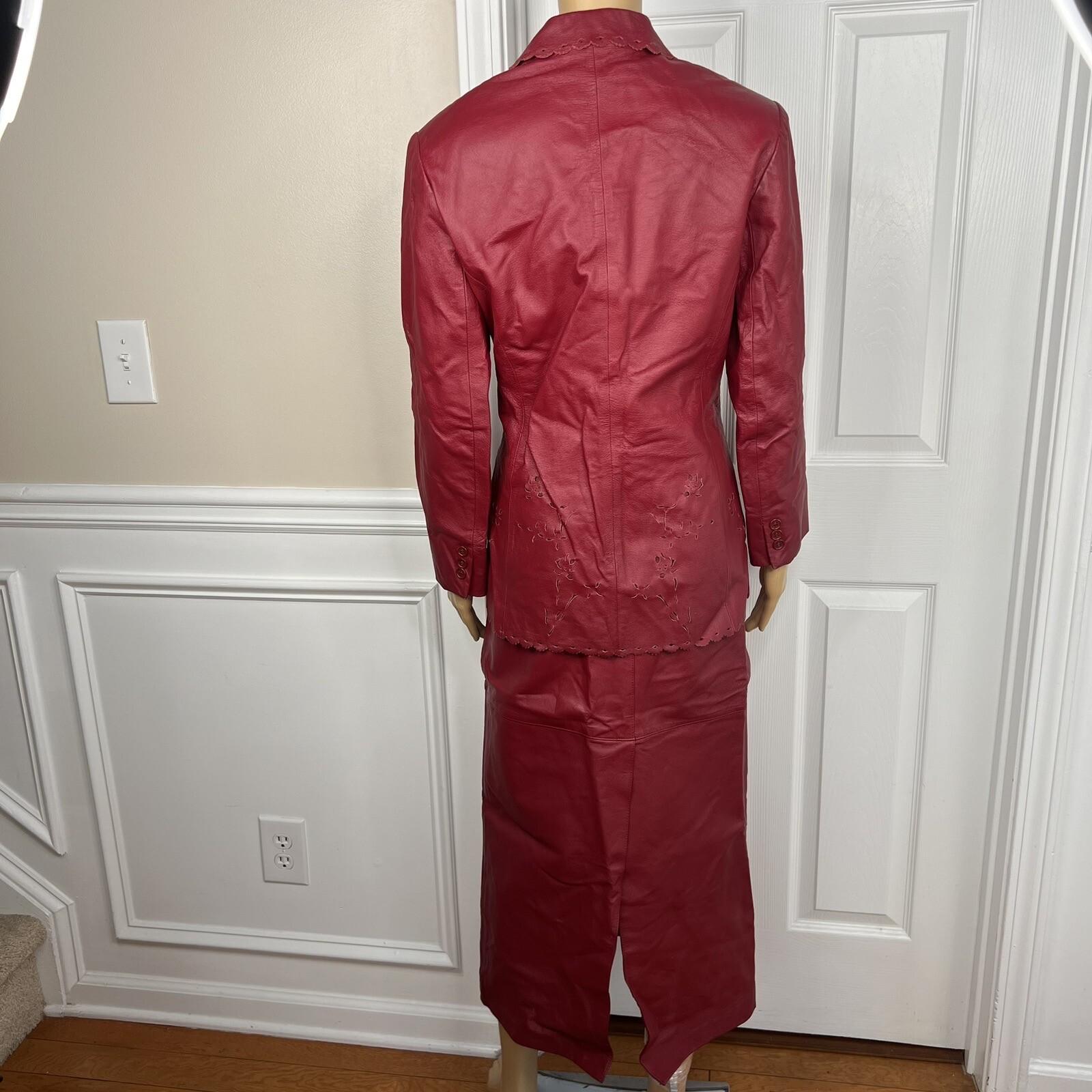 Styleworks Leather Skirt 10 Suit 8 Red Vintage Lined Single Breasted Women 2 pc