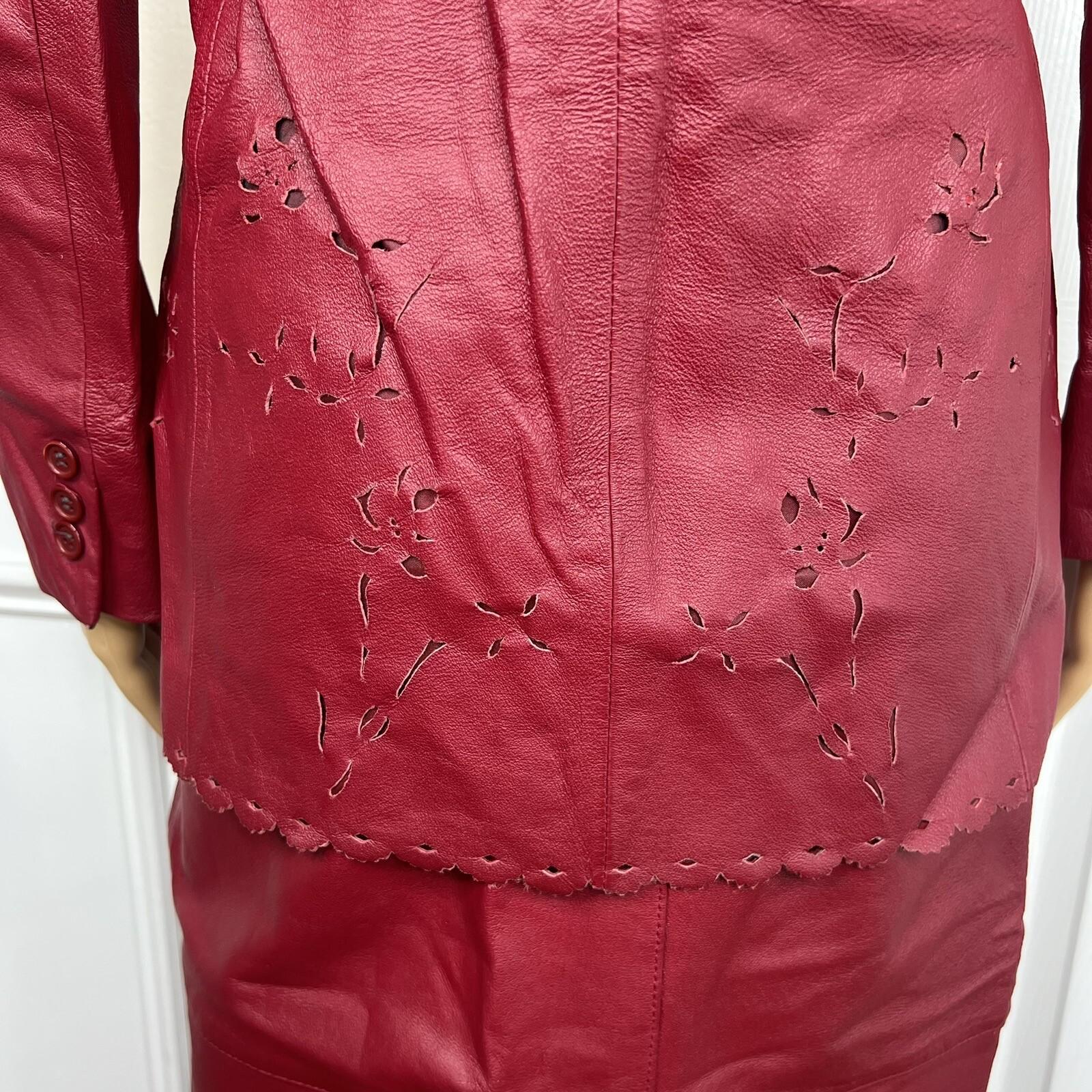 Styleworks Leather Skirt 10 Suit 8 Red Vintage Lined Single Breasted Women 2 pc