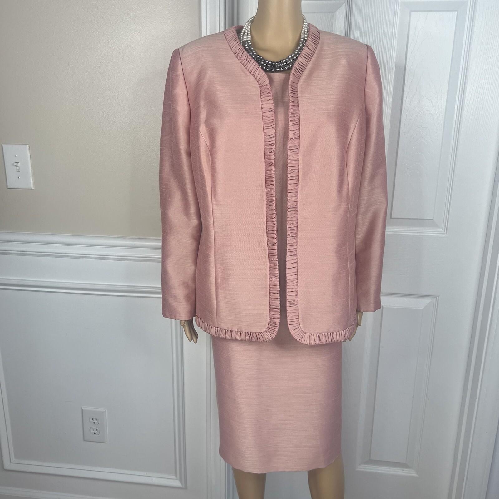 Kasper Polyester Rayon Nylon Skirt Suit Top 14W Salmon Open Front Lined 3PC