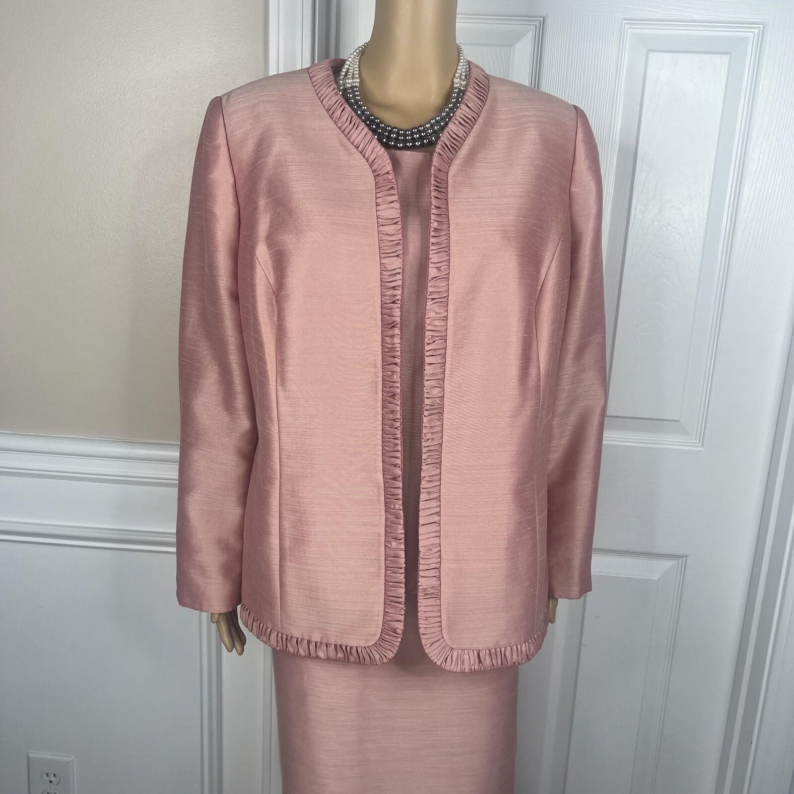 Kasper Polyester Rayon Nylon Skirt Suit Top 14W Salmon Open Front Lined 3PC