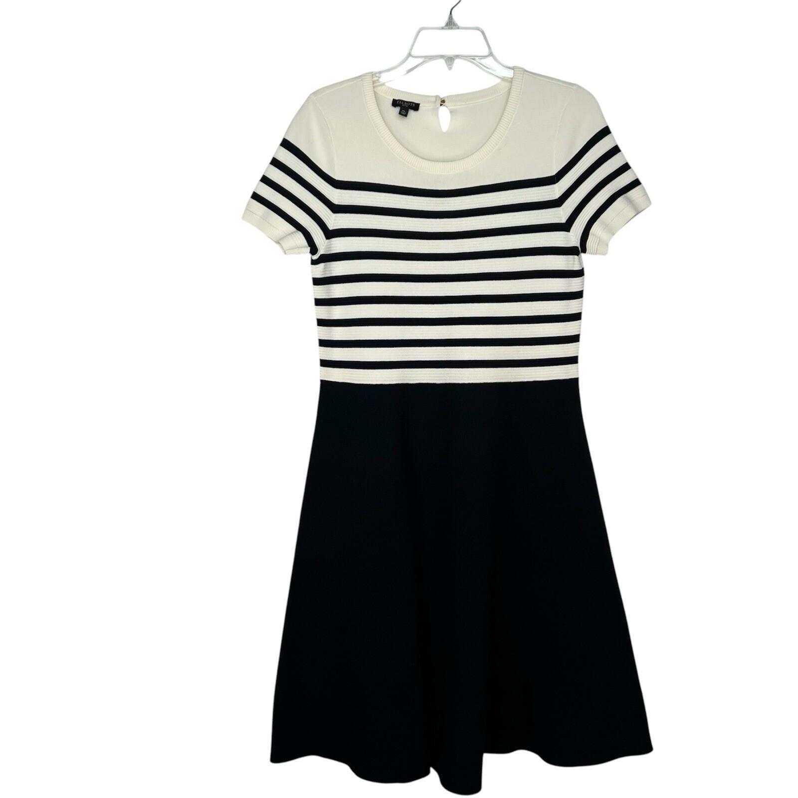 Talbots Knit Fit Flare Dress Size M Black White Striped Short Sleeve Cocktail