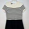 Talbots Knit Fit Flare Dress Size M Black White Striped Short Sleeve Cocktail