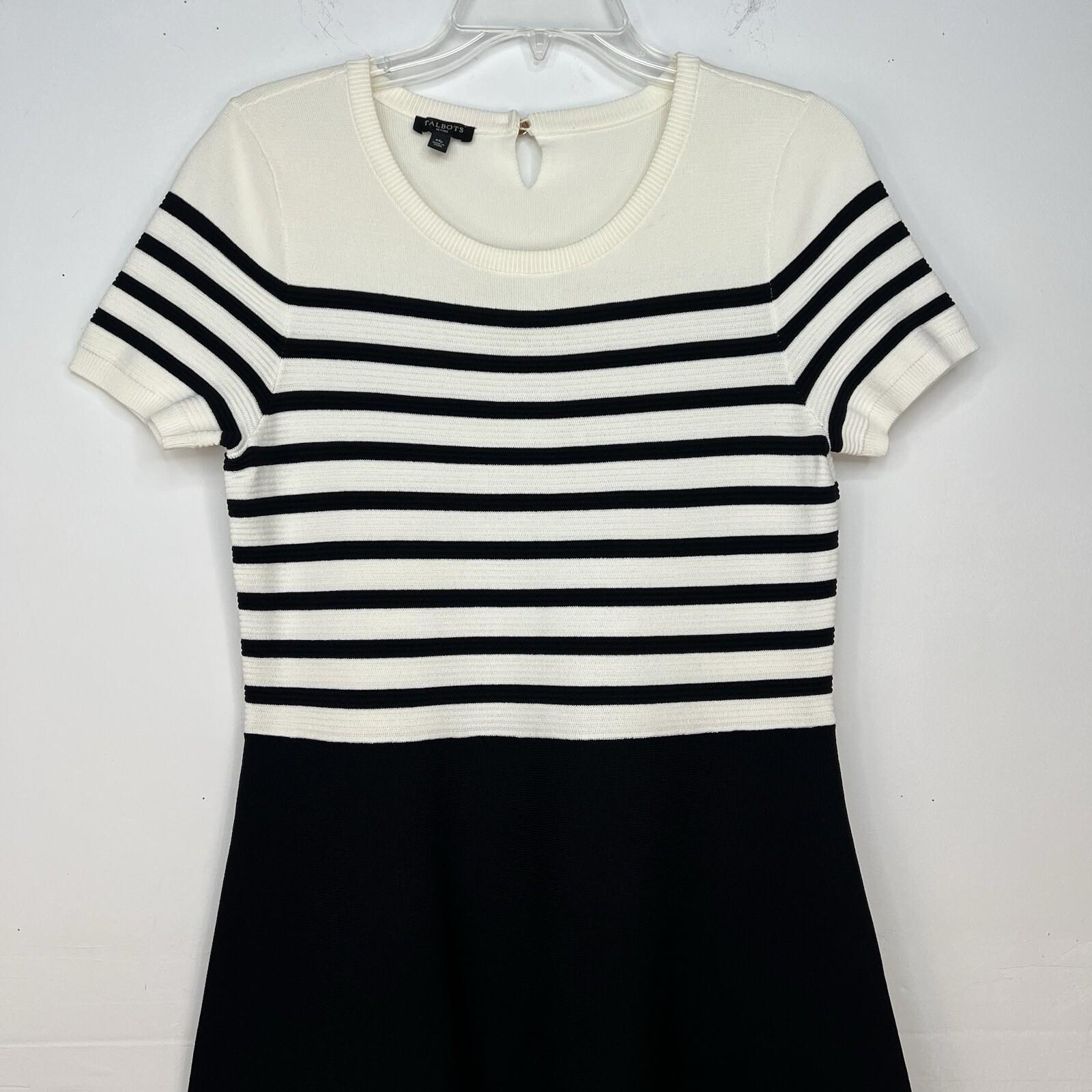 Talbots Knit Fit Flare Dress Size M Black White Striped Short Sleeve Cocktail