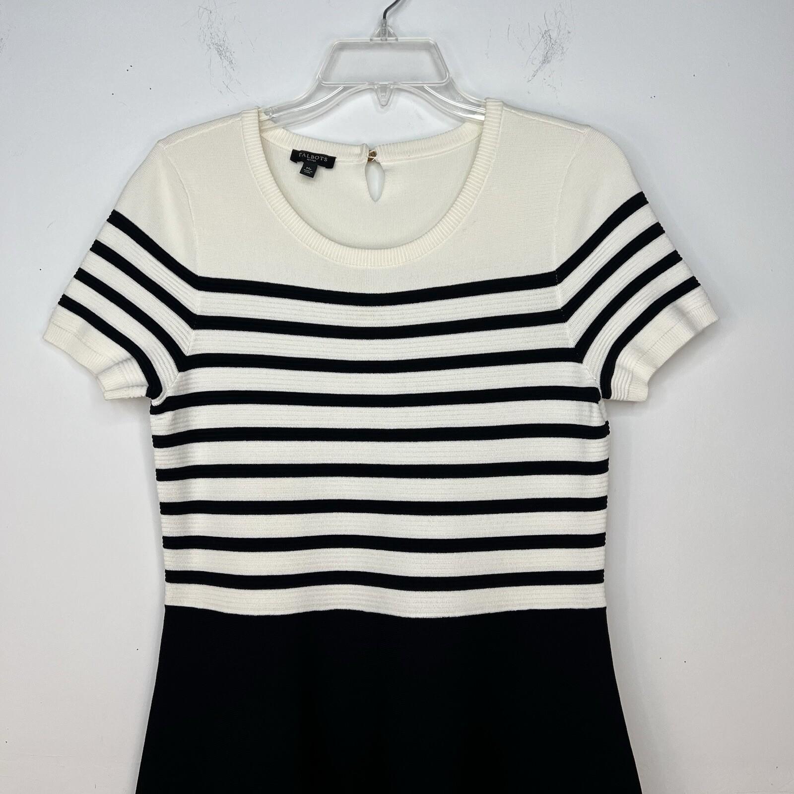 Talbots Knit Fit Flare Dress Size M Black White Striped Short Sleeve Cocktail