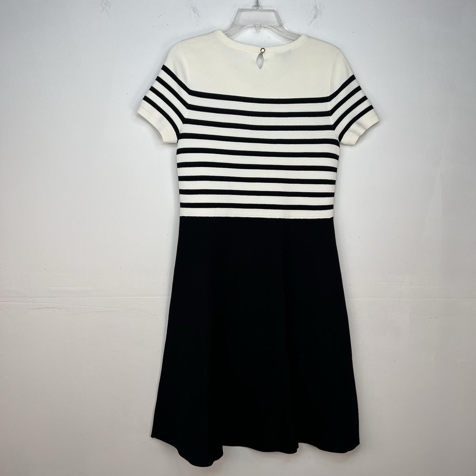 Talbots Knit Fit Flare Dress Size M Black White Striped Short Sleeve Cocktail