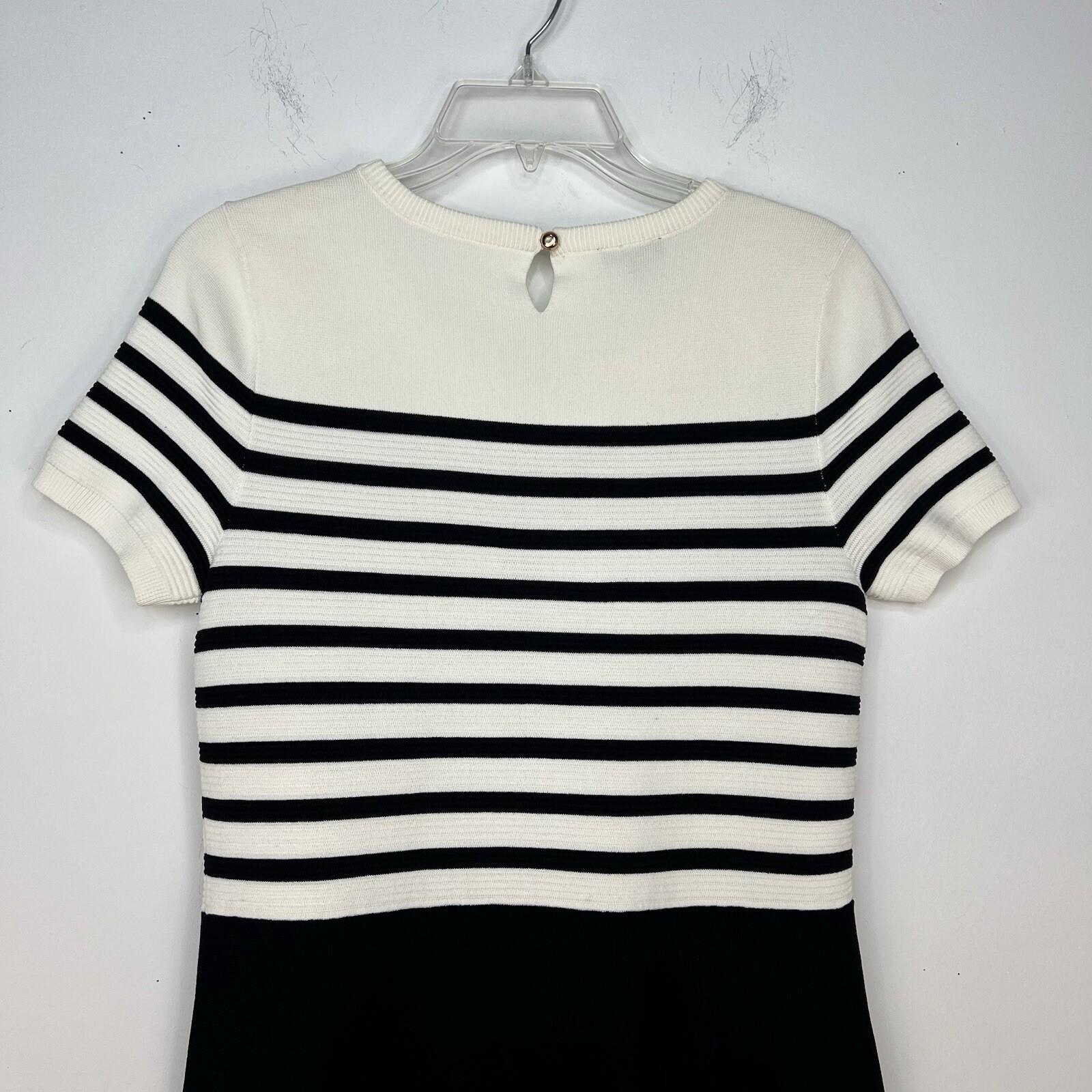 Talbots Knit Fit Flare Dress Size M Black White Striped Short Sleeve Cocktail