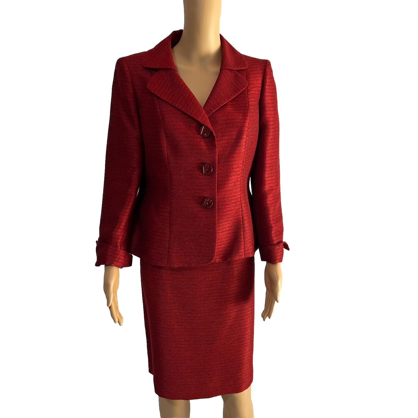Kasper Polyester Rayon Skirt Suit 10P Red Shawl Collar Single Breasted Lined 2PC