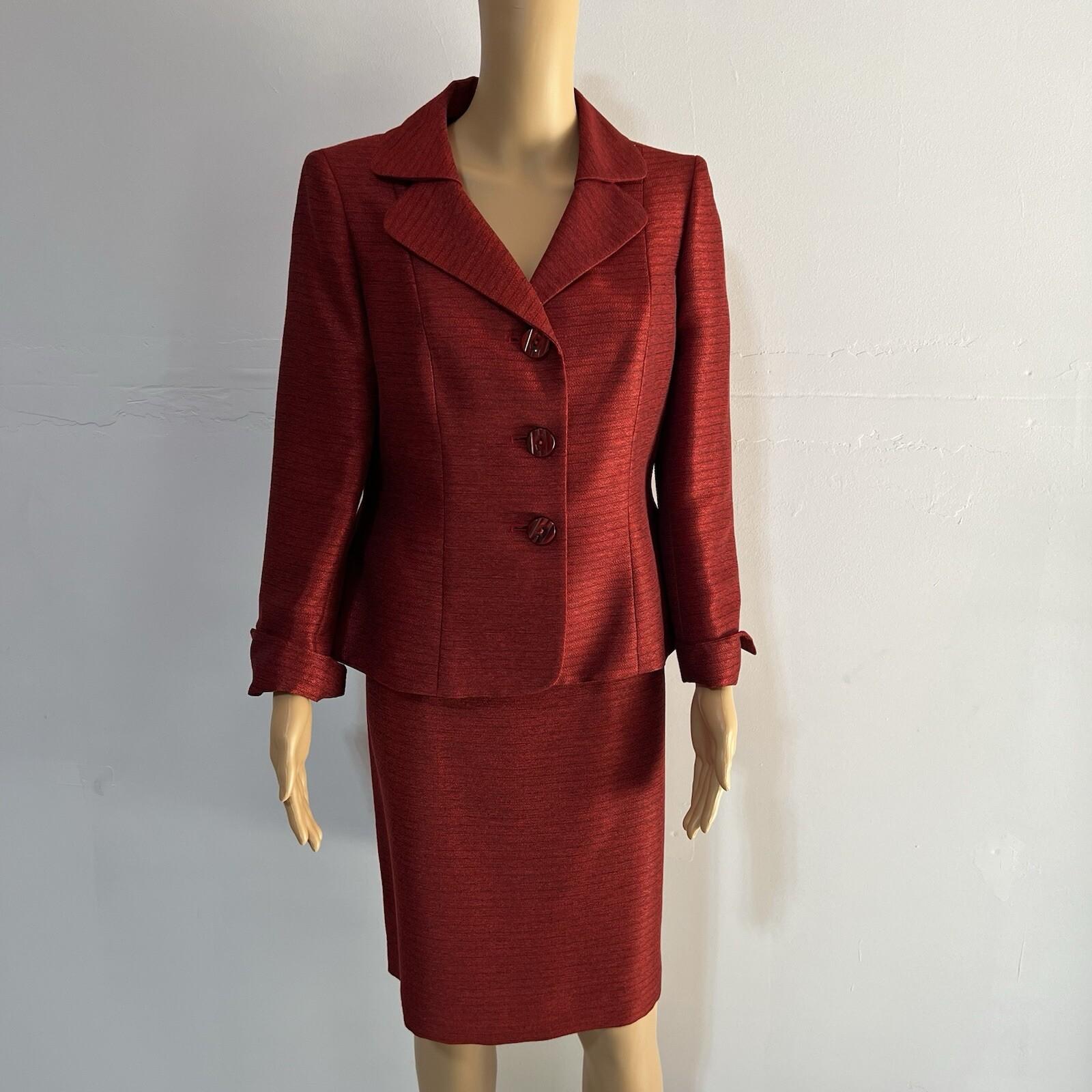 Kasper Polyester Rayon Skirt Suit 10P Red Shawl Collar Single Breasted Lined 2PC