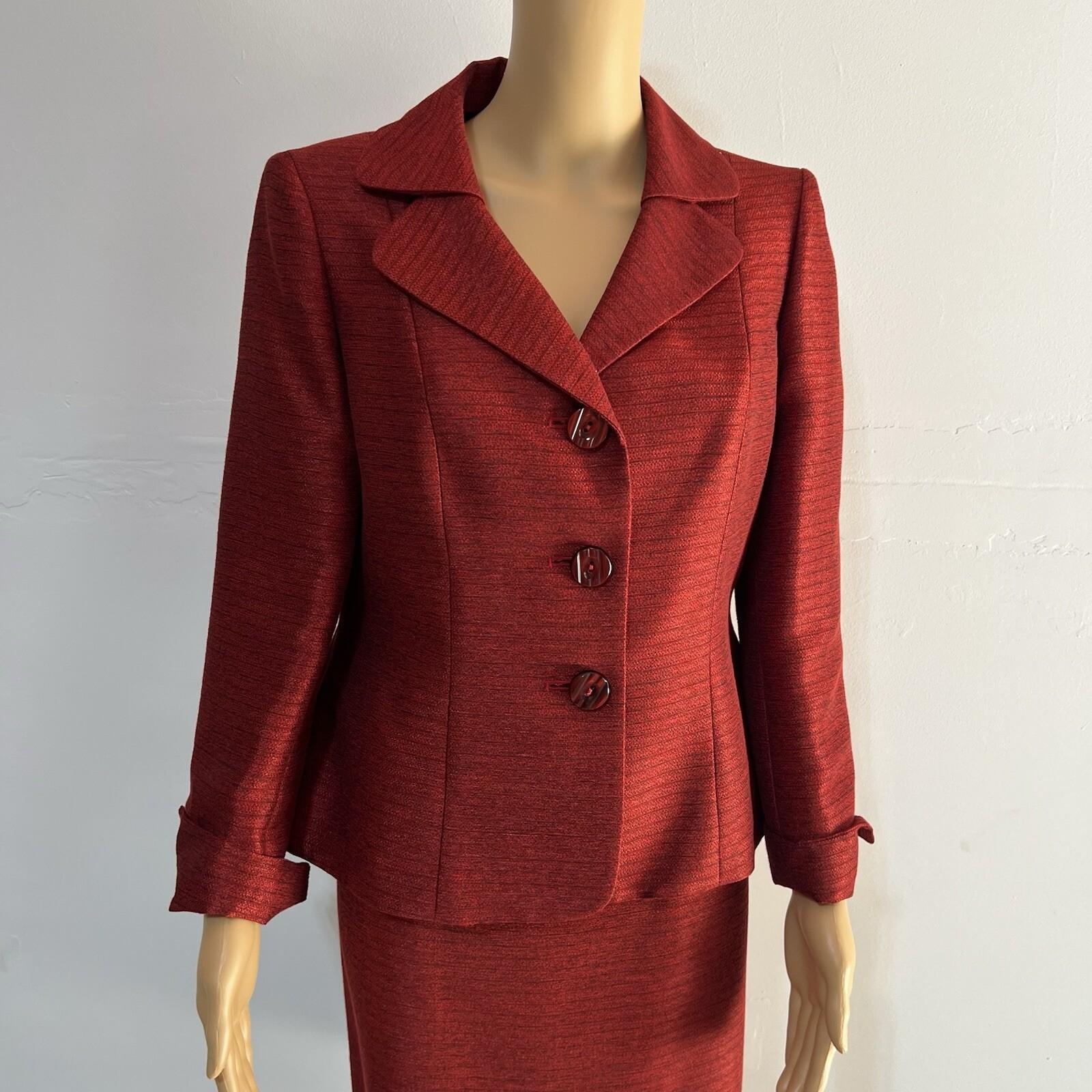 Kasper Polyester Rayon Skirt Suit 10P Red Shawl Collar Single Breasted Lined 2PC