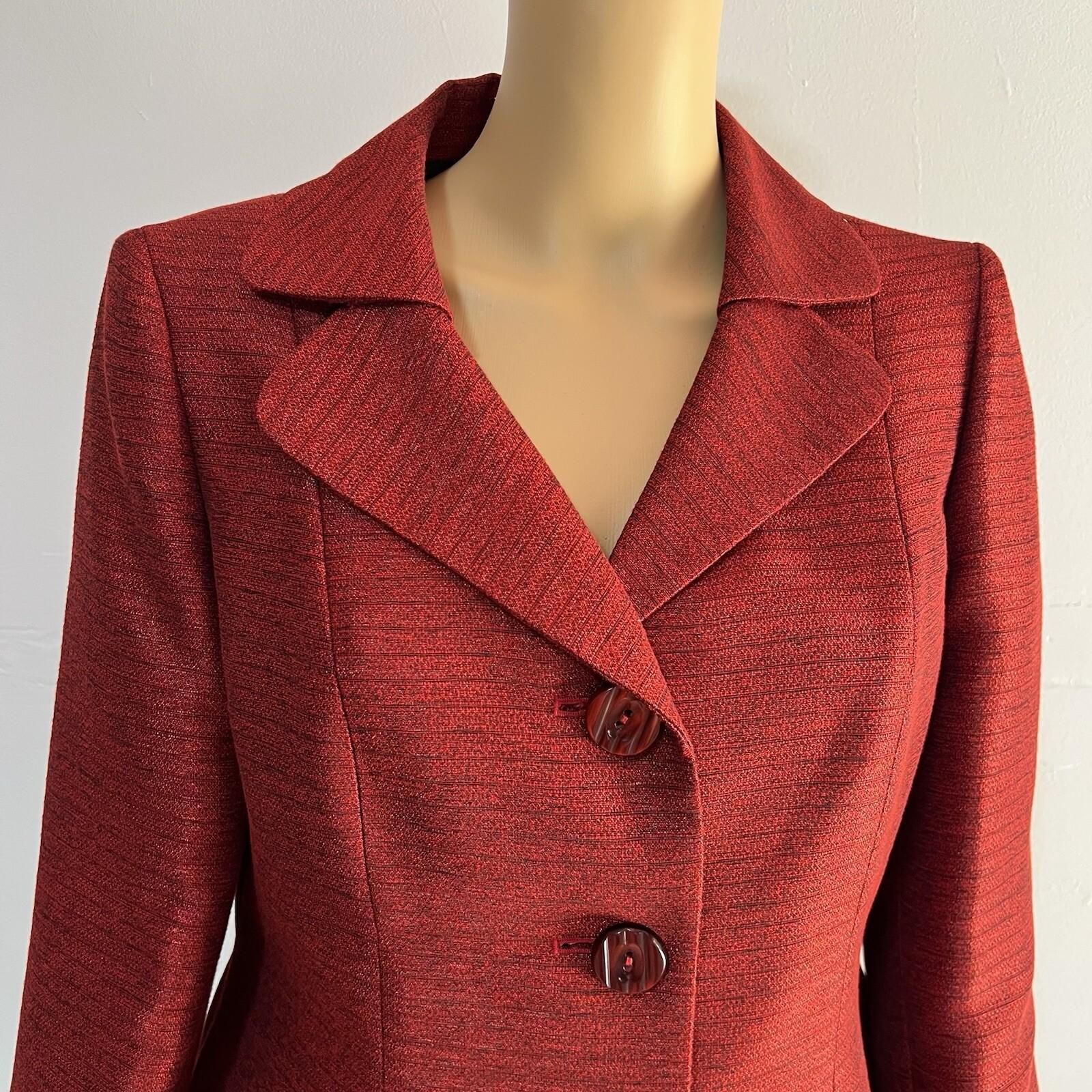 Kasper Polyester Rayon Skirt Suit 10P Red Shawl Collar Single Breasted Lined 2PC