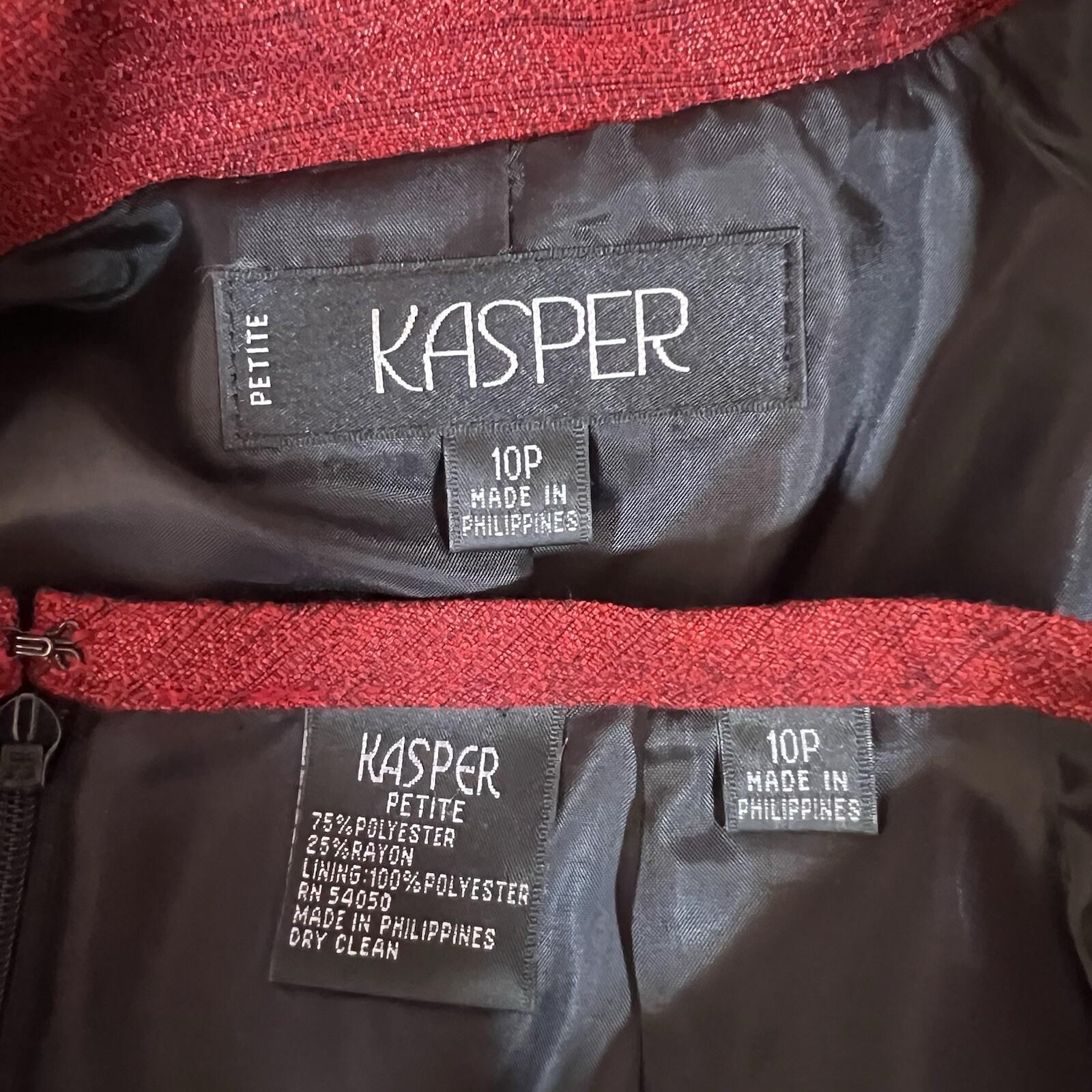 Kasper Polyester Rayon Skirt Suit 10P Red Shawl Collar Single Breasted Lined 2PC