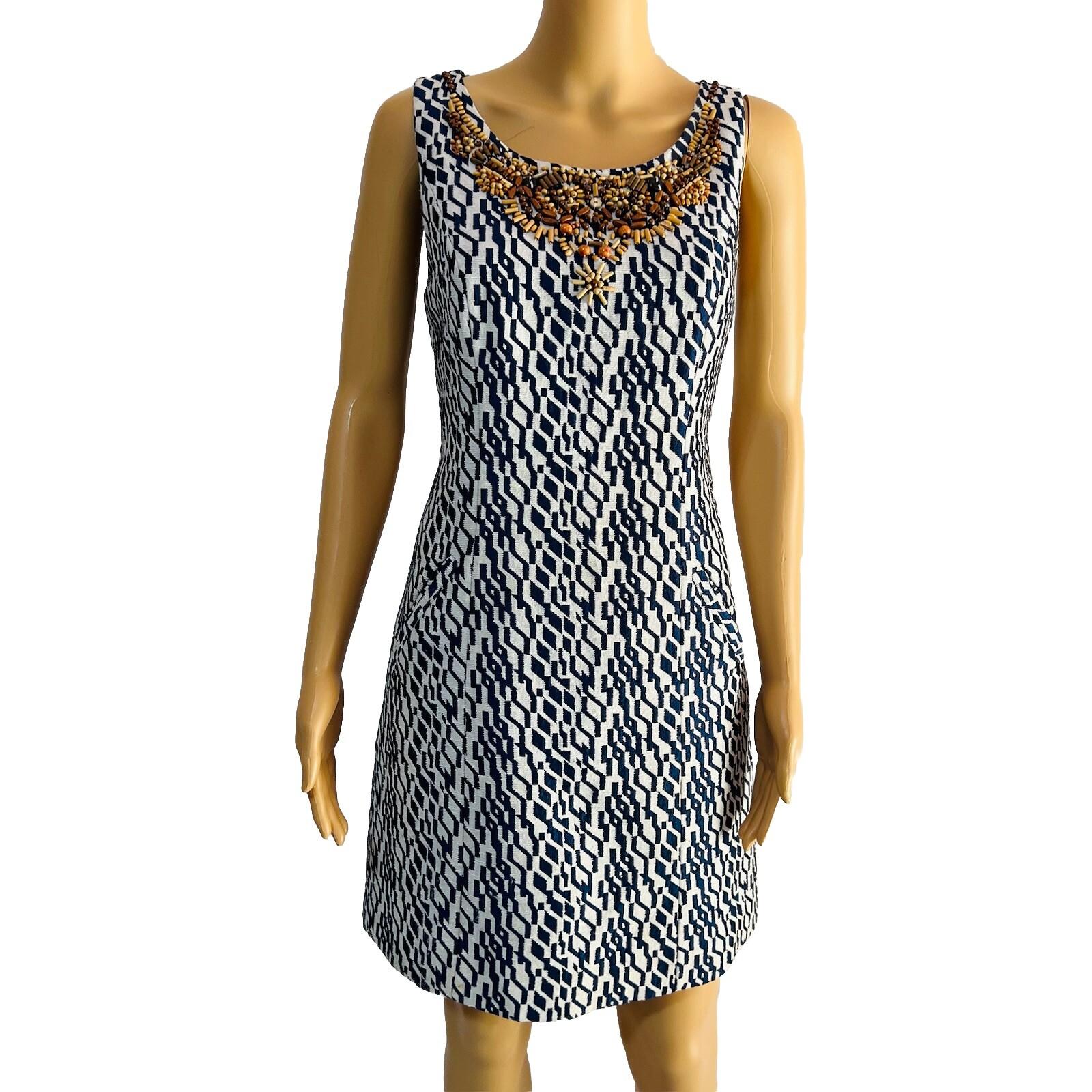 Anthropologie Moulinette Soeurs Polyester Rayon Dress Size 6 Navy White Beaded