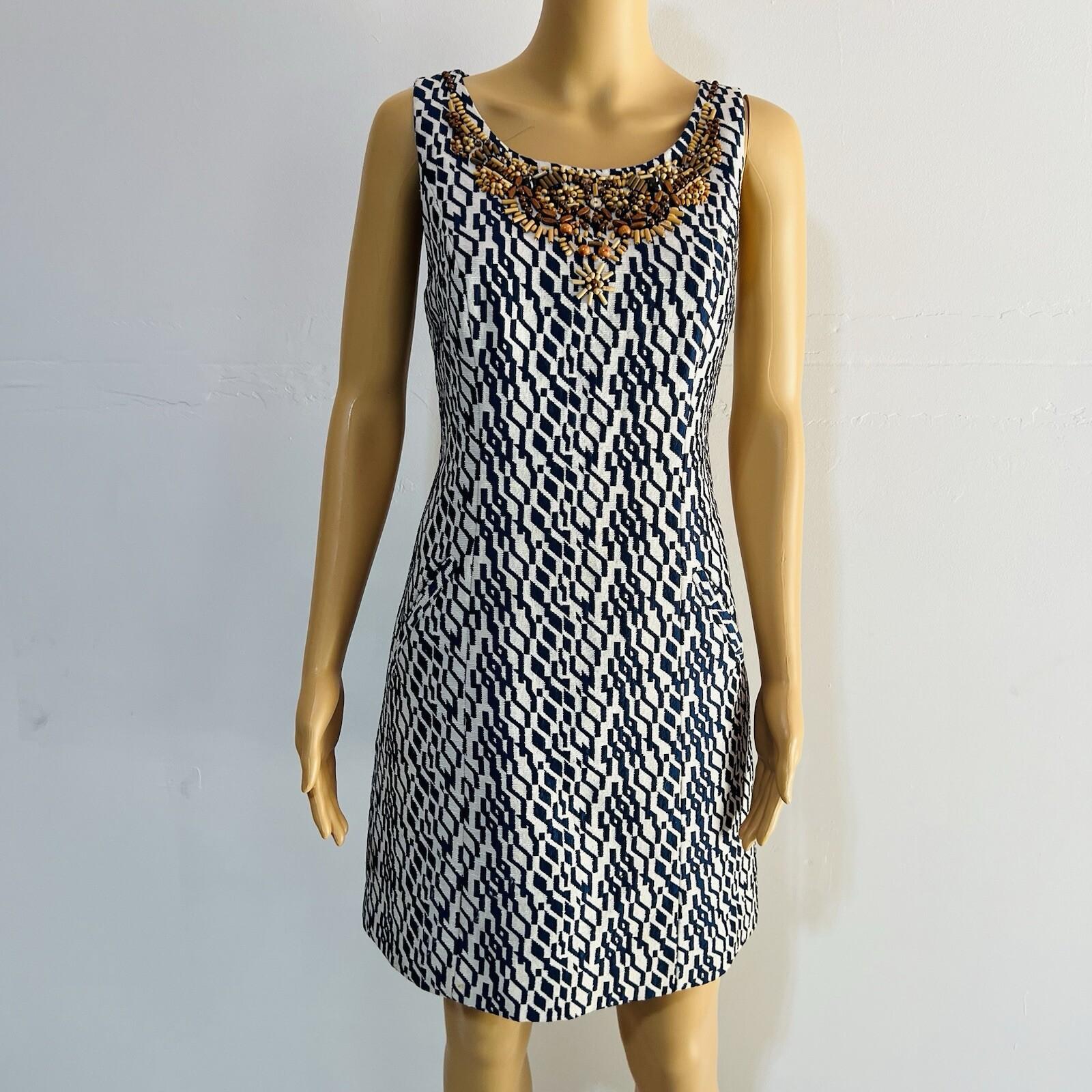 Anthropologie Moulinette Soeurs Polyester Rayon Dress Size 6 Navy White Beaded