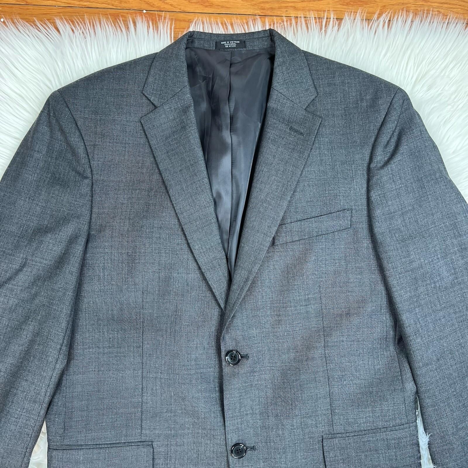 Jones New York Men Wool Suit 40R Pants 36x29.5 Dark Gray Single Breasted 2PC