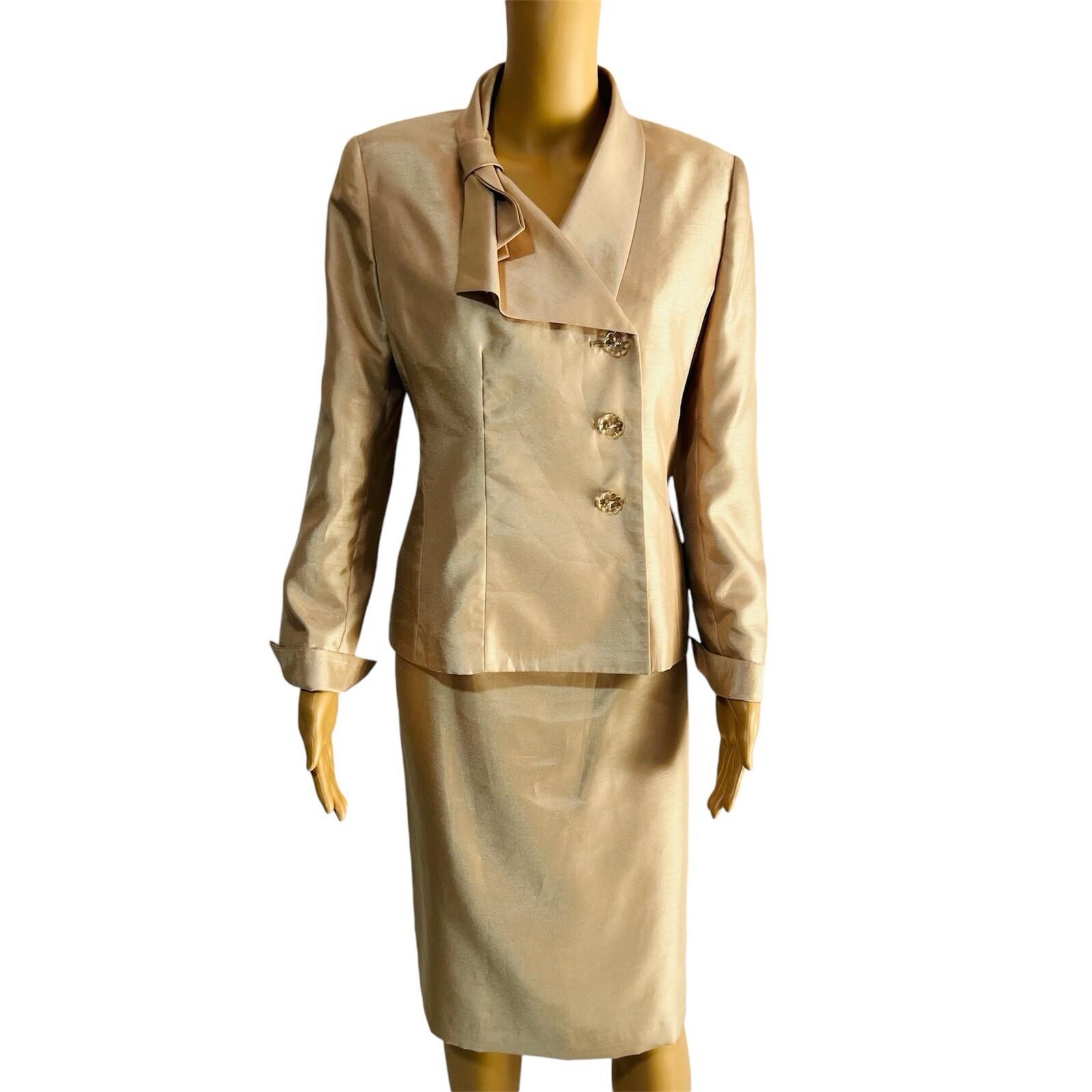 Le Suit Polyester Skirt Suit Size 8 Champagne Lined Shawl Collar Wrap 2PC New