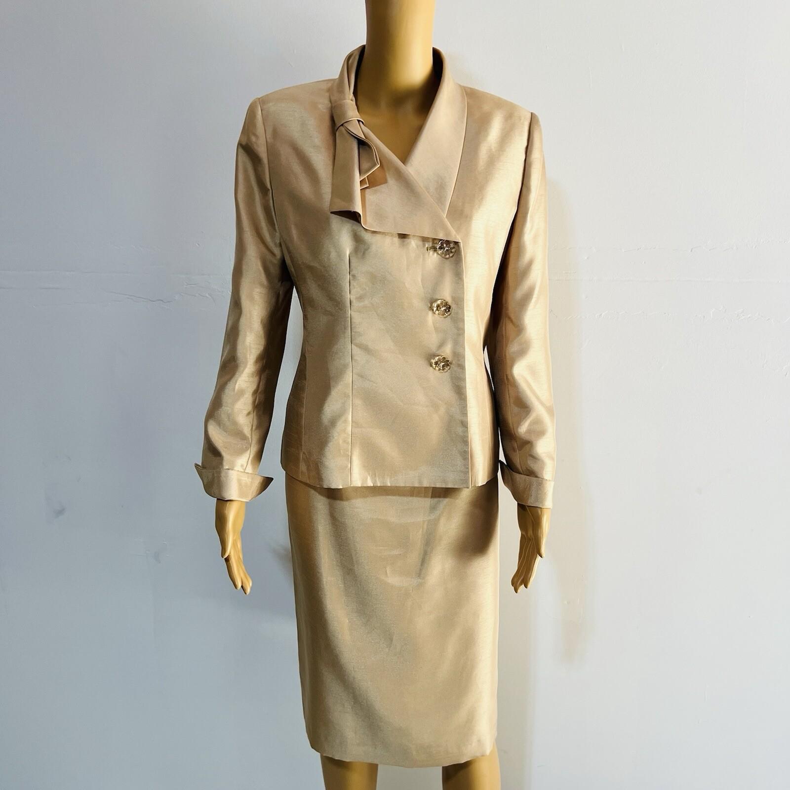 Le Suit Polyester Skirt Suit Size 8 Champagne Lined Shawl Collar Wrap 2PC New