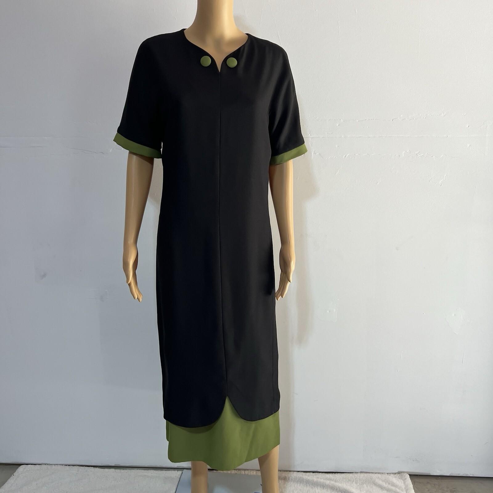 St Anthony Polyester Dress Suit Size 14 Green Black Faux fur Collar Midi 2PC