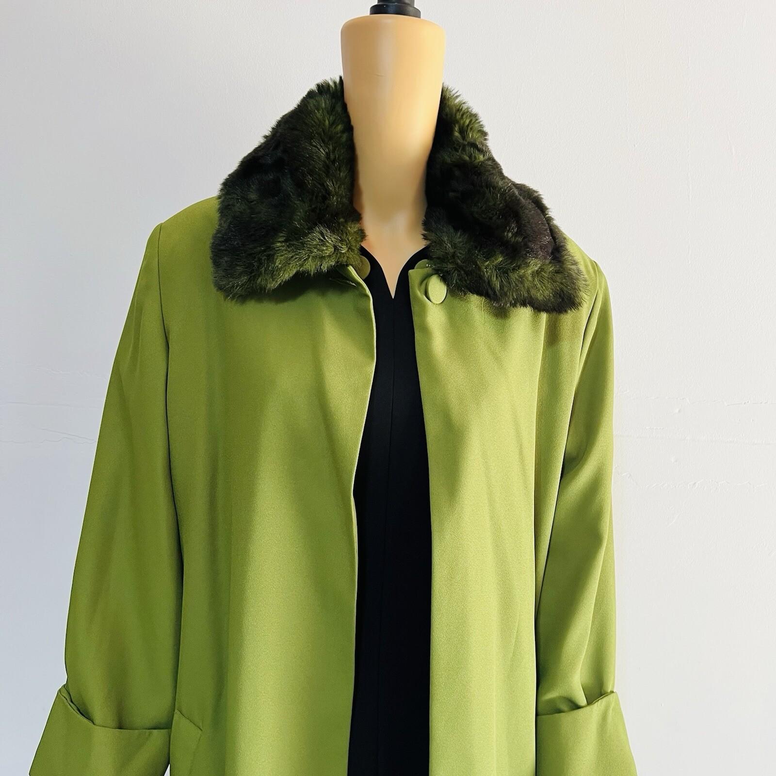 St Anthony Polyester Dress Suit Size 14 Green Black Faux fur Collar Midi 2PC