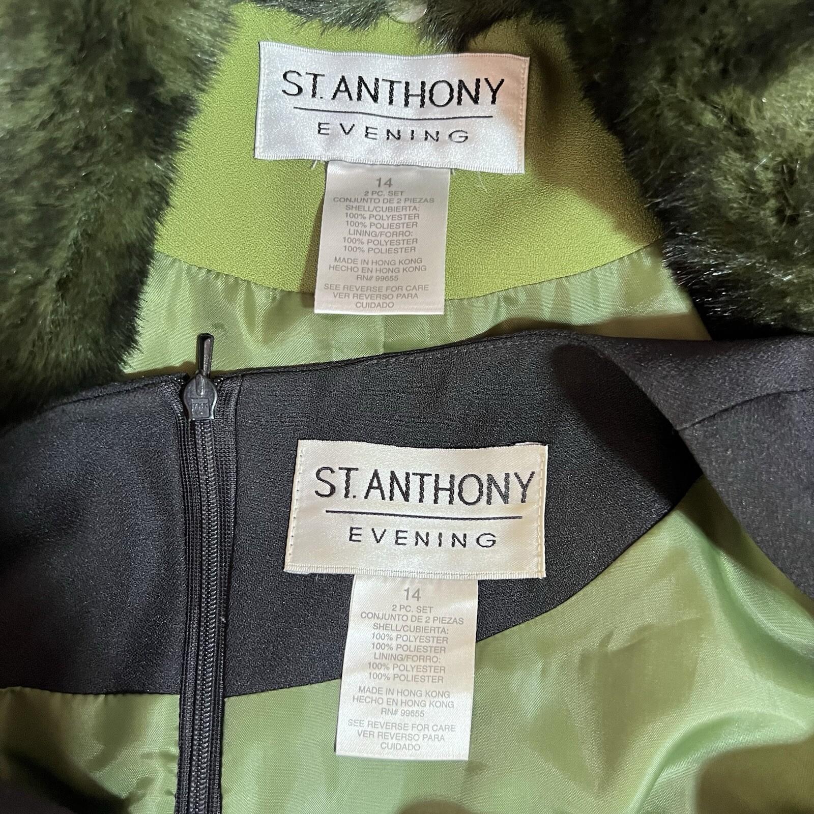 St Anthony Polyester Dress Suit Size 14 Green Black Faux fur Collar Midi 2PC