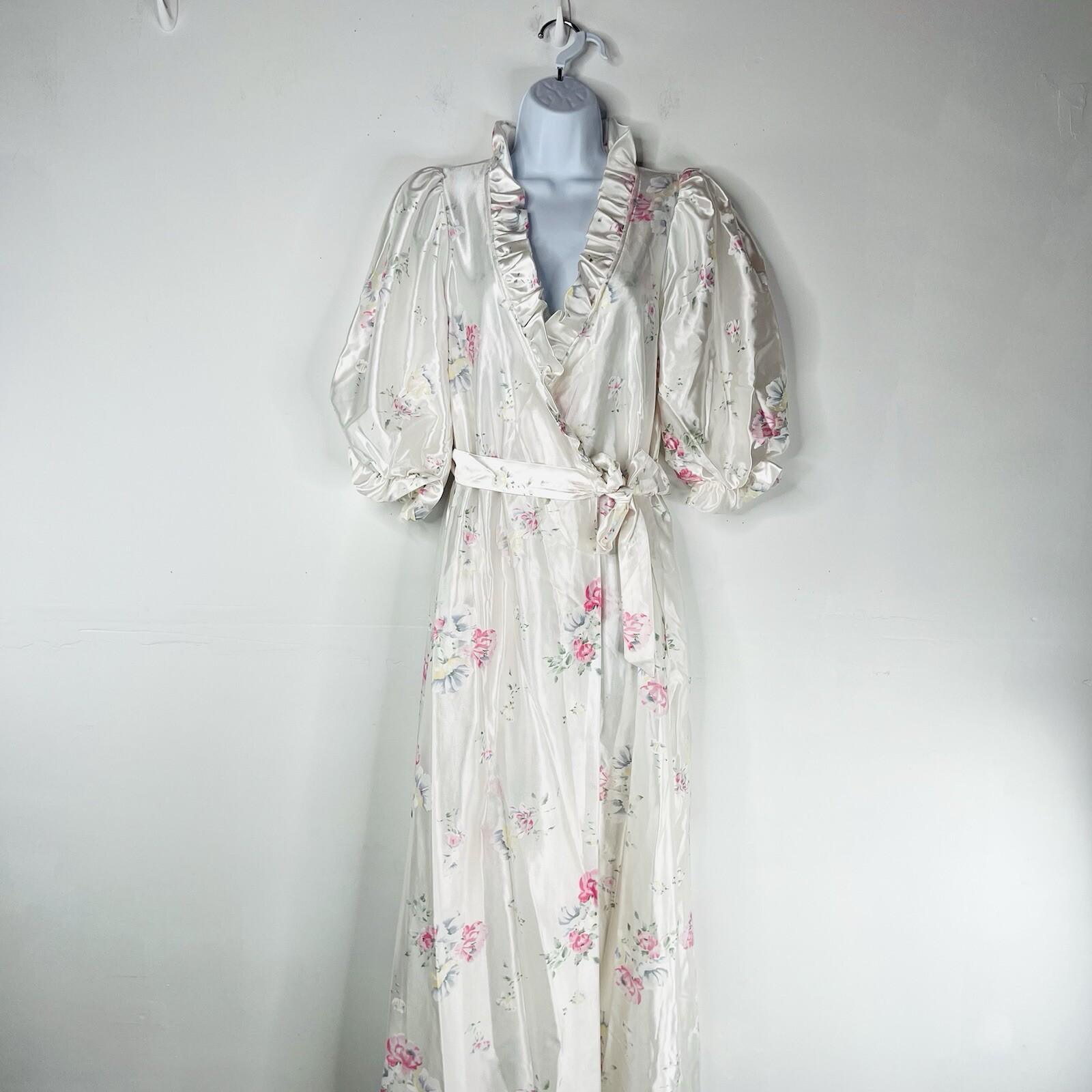 Vtg Miss Elaine Nightgown Robe Set M Peignoir Lingerie Off White Floral Ruffle