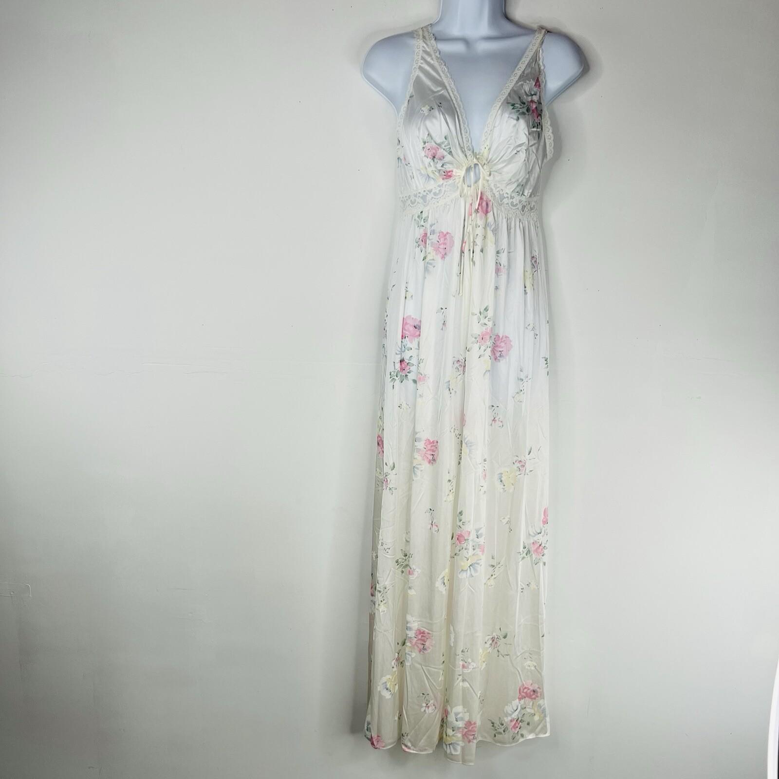 Vtg Miss Elaine Nightgown Robe Set M Peignoir Lingerie Off White Floral Ruffle