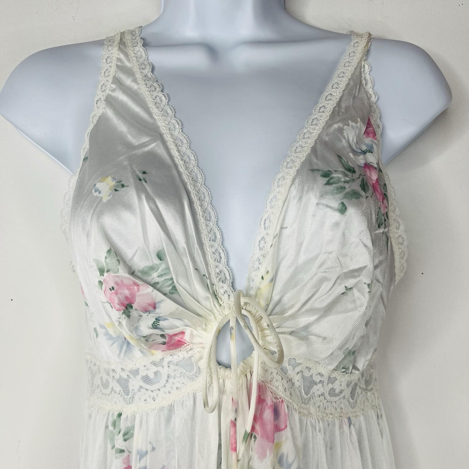 Vtg Miss Elaine Nightgown Robe Set M Peignoir Lingerie Off White Floral Ruffle