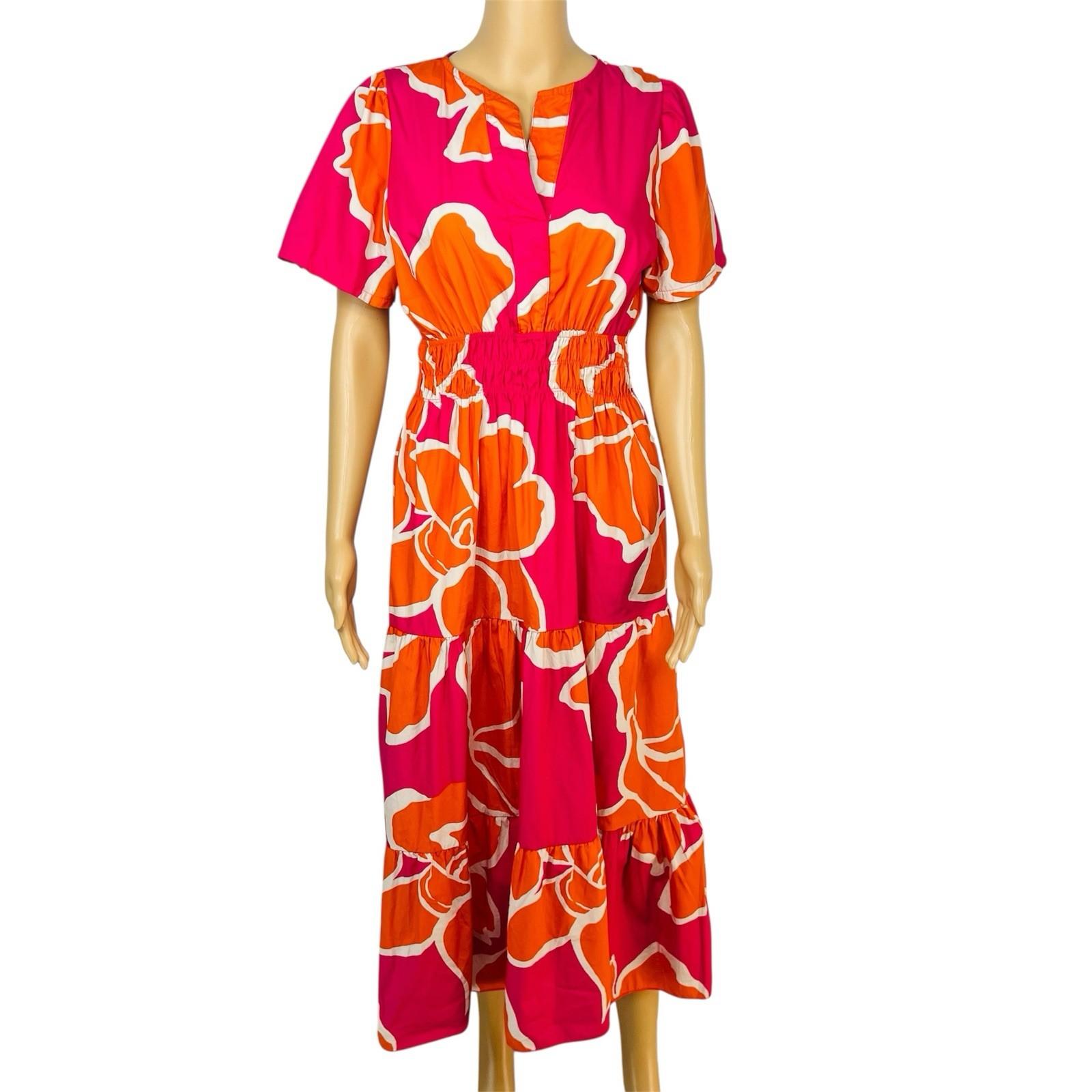 Bella Umbra Midi Blouson Dress Size M Multicolor Short Sleeves Cotton Tiered