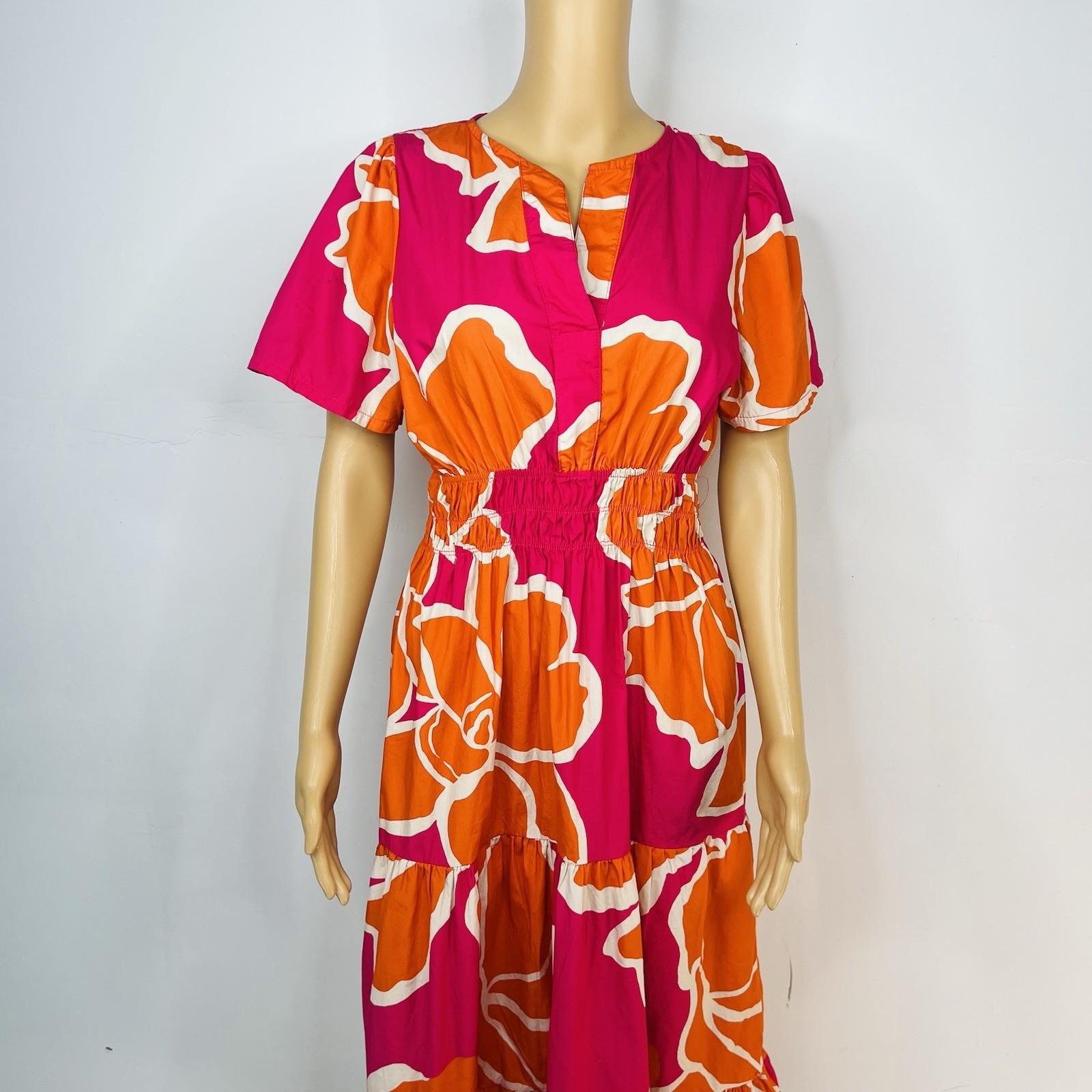 Bella Umbra Midi Blouson Dress Size M Multicolor Short Sleeves Cotton Tiered