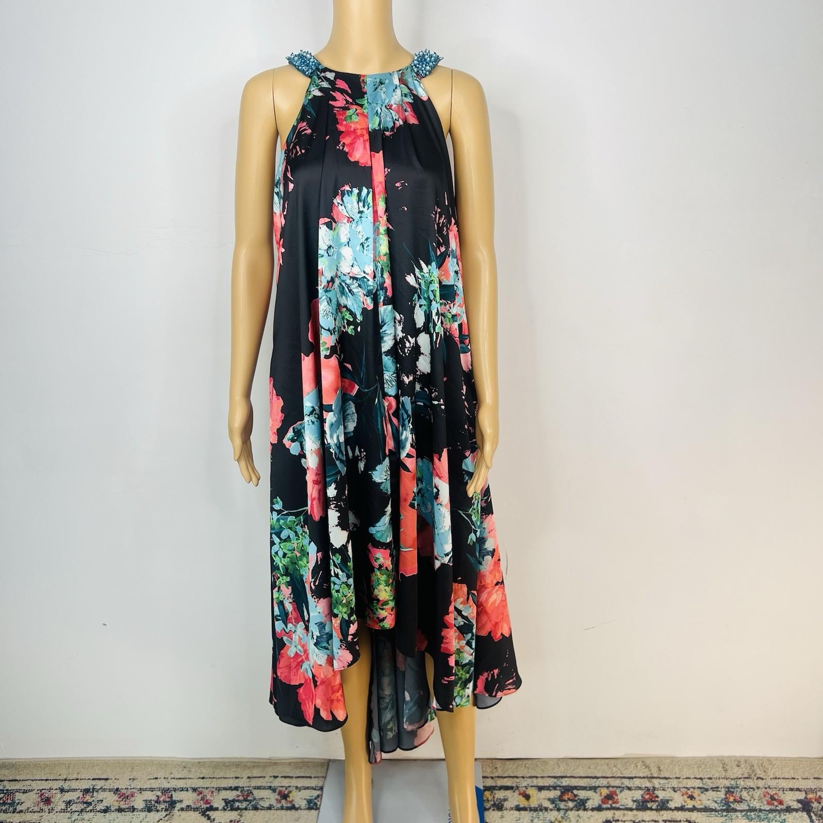 Aiden Mattox Asymmetrical Midi Dress Size 6 Floral Beaded Sleeveless Pockets