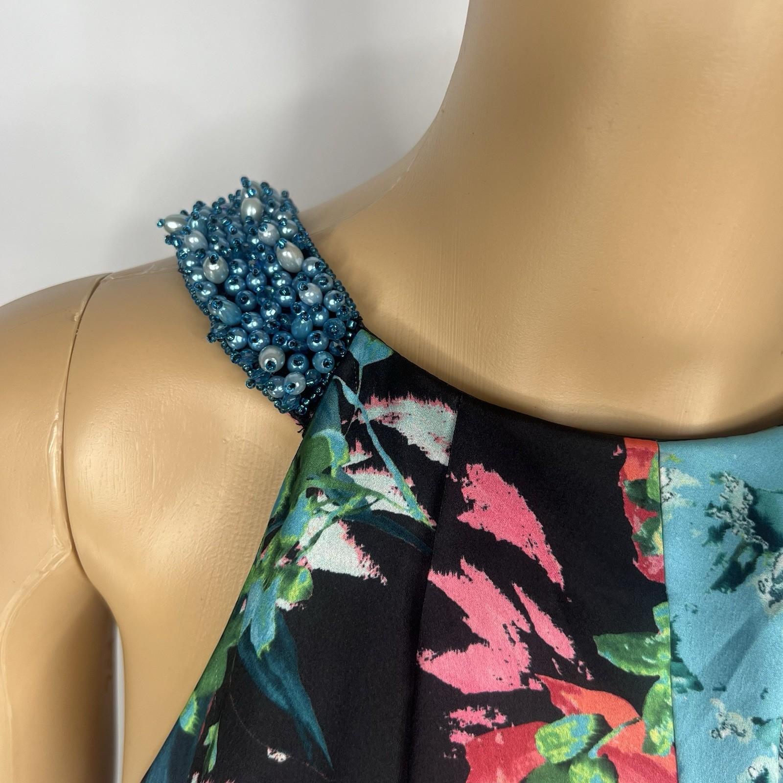 Aiden Mattox Asymmetrical Midi Dress Size 6 Floral Beaded Sleeveless Pockets
