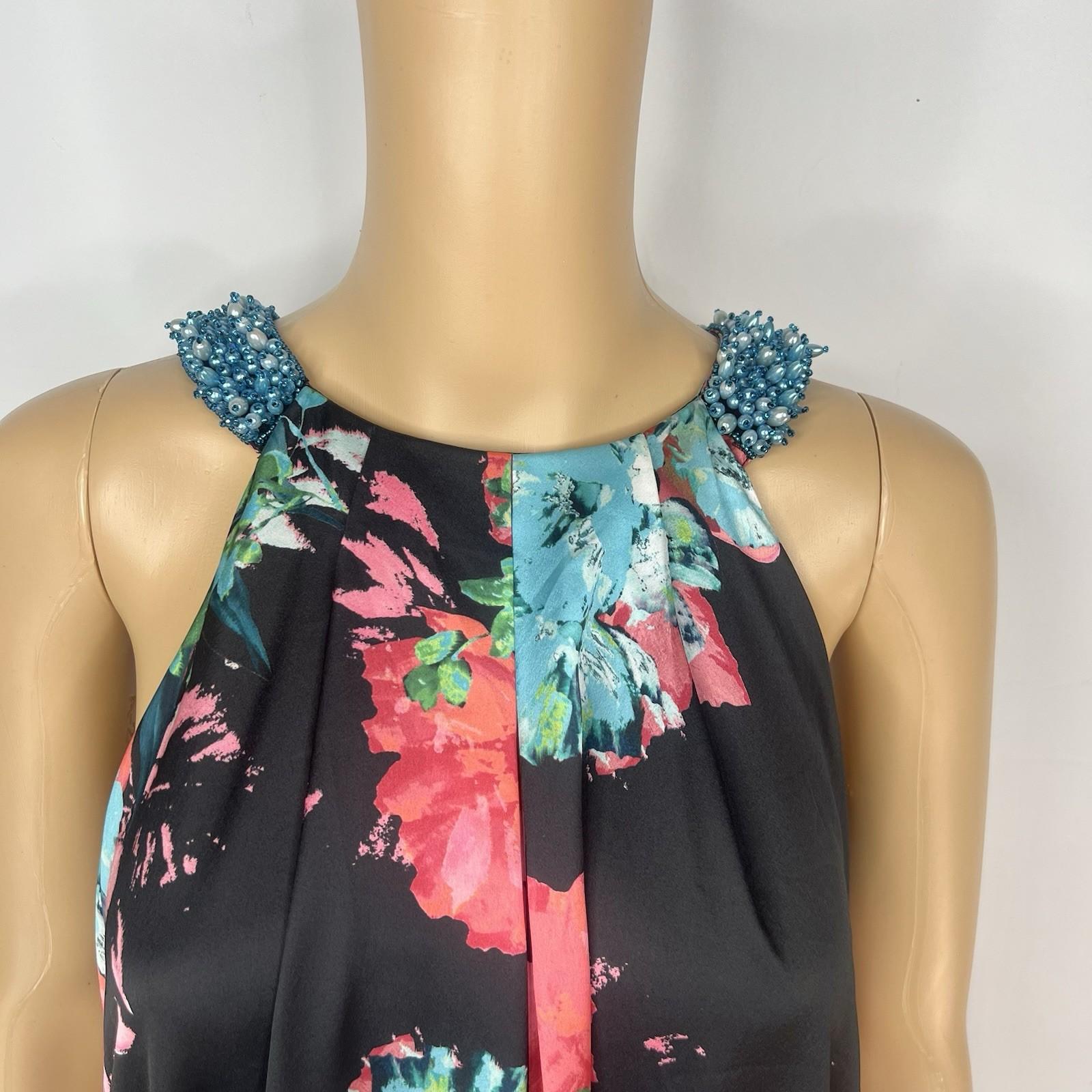 Aiden Mattox Asymmetrical Midi Dress Size 6 Floral Beaded Sleeveless Pockets