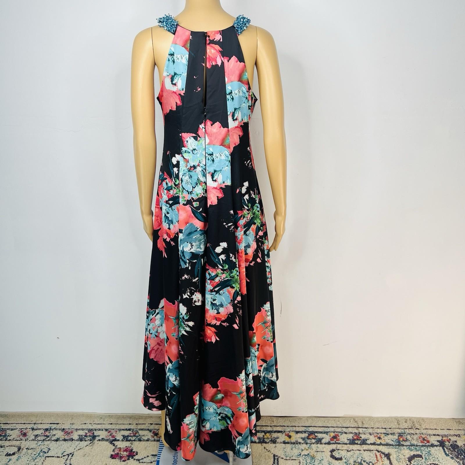Aiden Mattox Asymmetrical Midi Dress Size 6 Floral Beaded Sleeveless Pockets