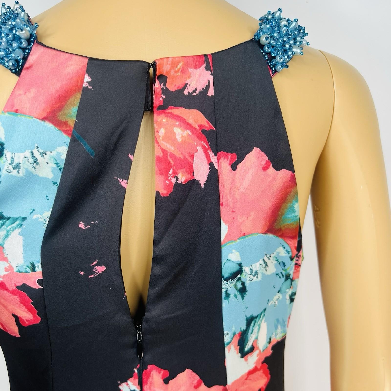 Aiden Mattox Asymmetrical Midi Dress Size 6 Floral Beaded Sleeveless Pockets